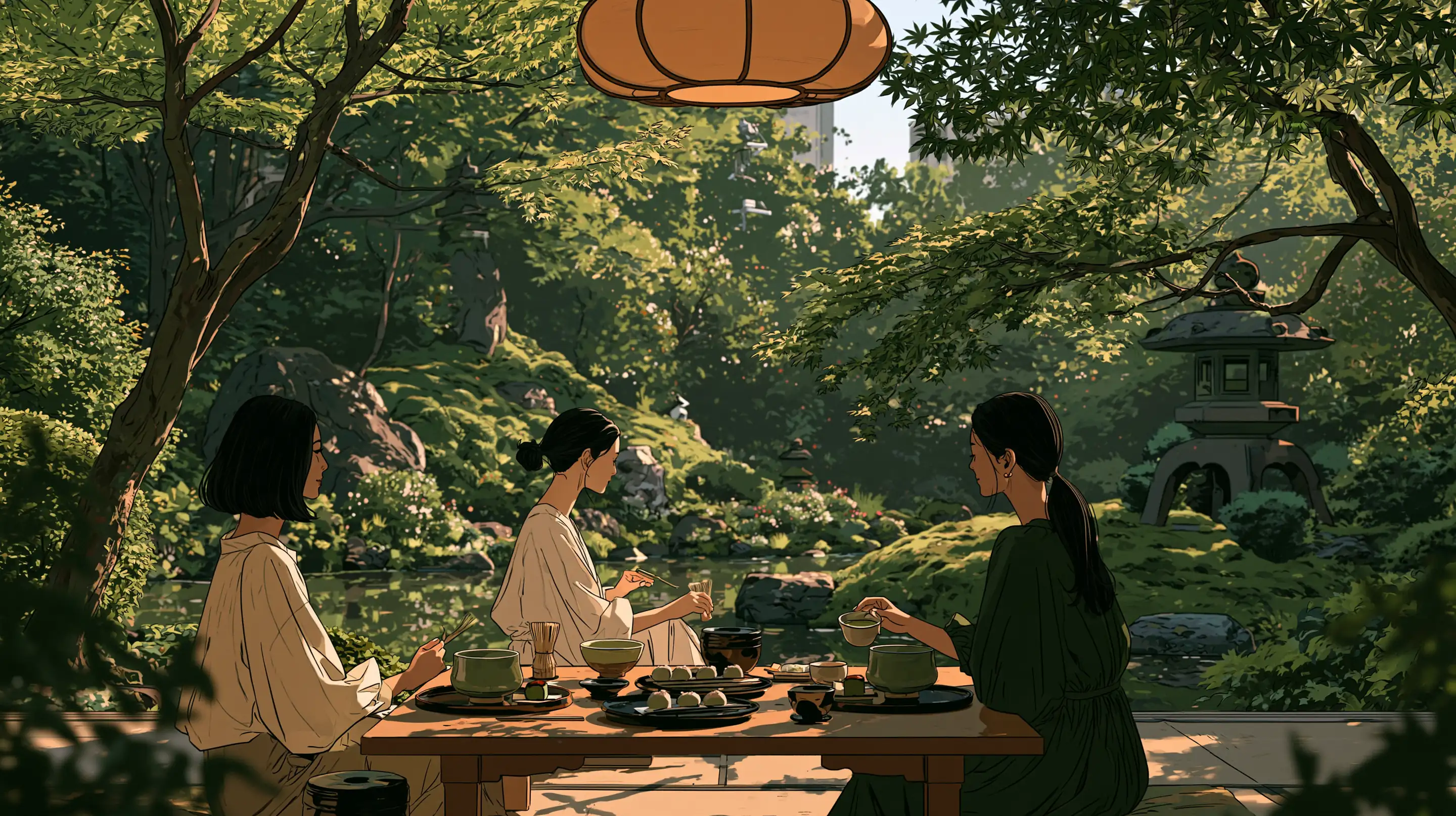 Three friends at a low wooden table on a veranda open to a moss garden in Tokyo, matcha bowls and wagashi sweets, a stone lantern among the maples