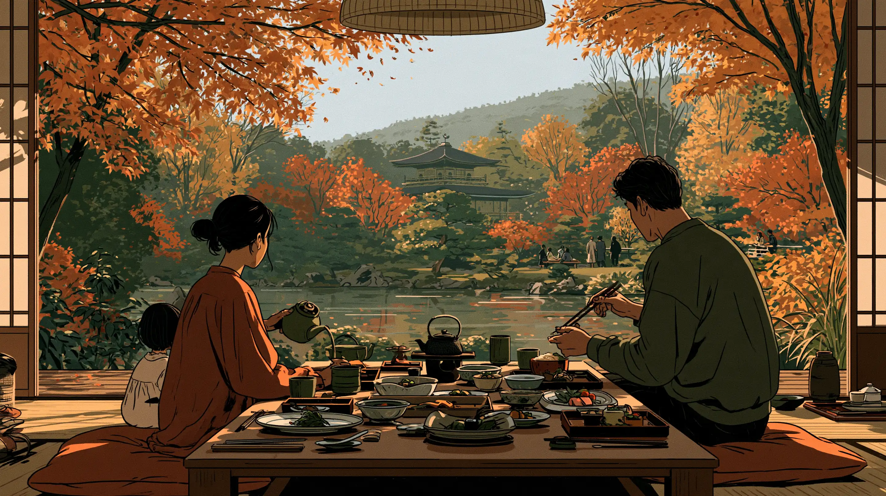 A family at lunch in a tatami room open to an autumn garden in Tokyo, a low table of small dishes, a pond and a temple among red maples