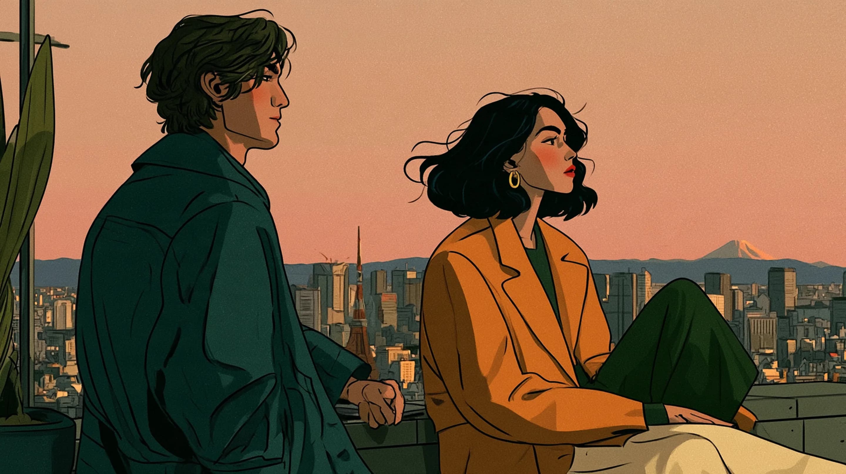 An elegant couple on a high terrace in Minato in Tokyo at dusk, the Tokyo skyline below and Mount Fuji faint on the horizon, a soft pink sky