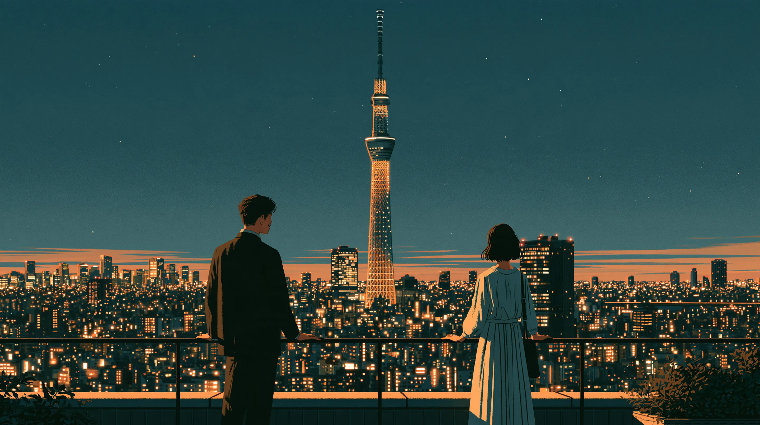 A couple standing well apart at a rooftop railing in Tokyo at night, the lit Skytree and the city stretching to the horizon