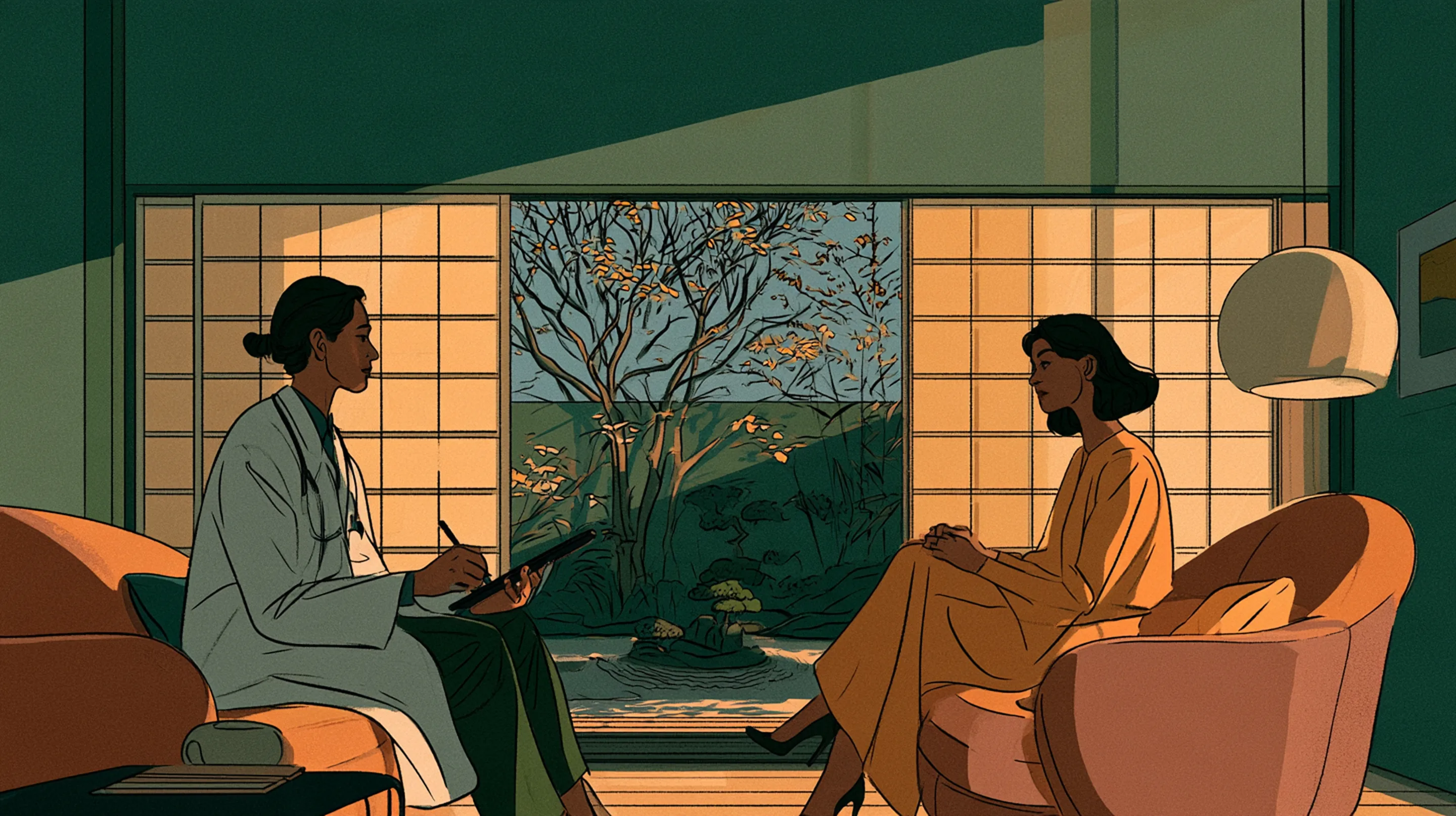 A doctor with a tablet consulting an elegant client in a calm minimalist room in Tokyo, paper screens, a view of a small raked garden, morning light