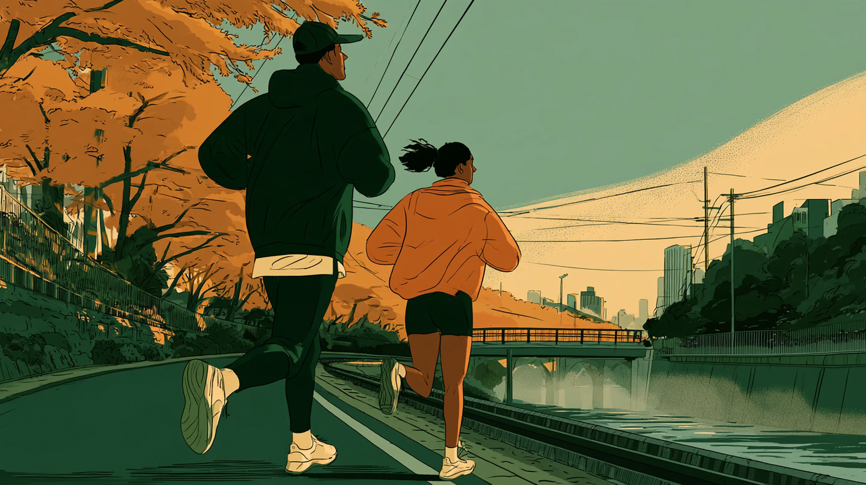 A man and a woman running along the Meguro River in Tokyo at sunrise, autumn trees arching over the water, small bridges, mist