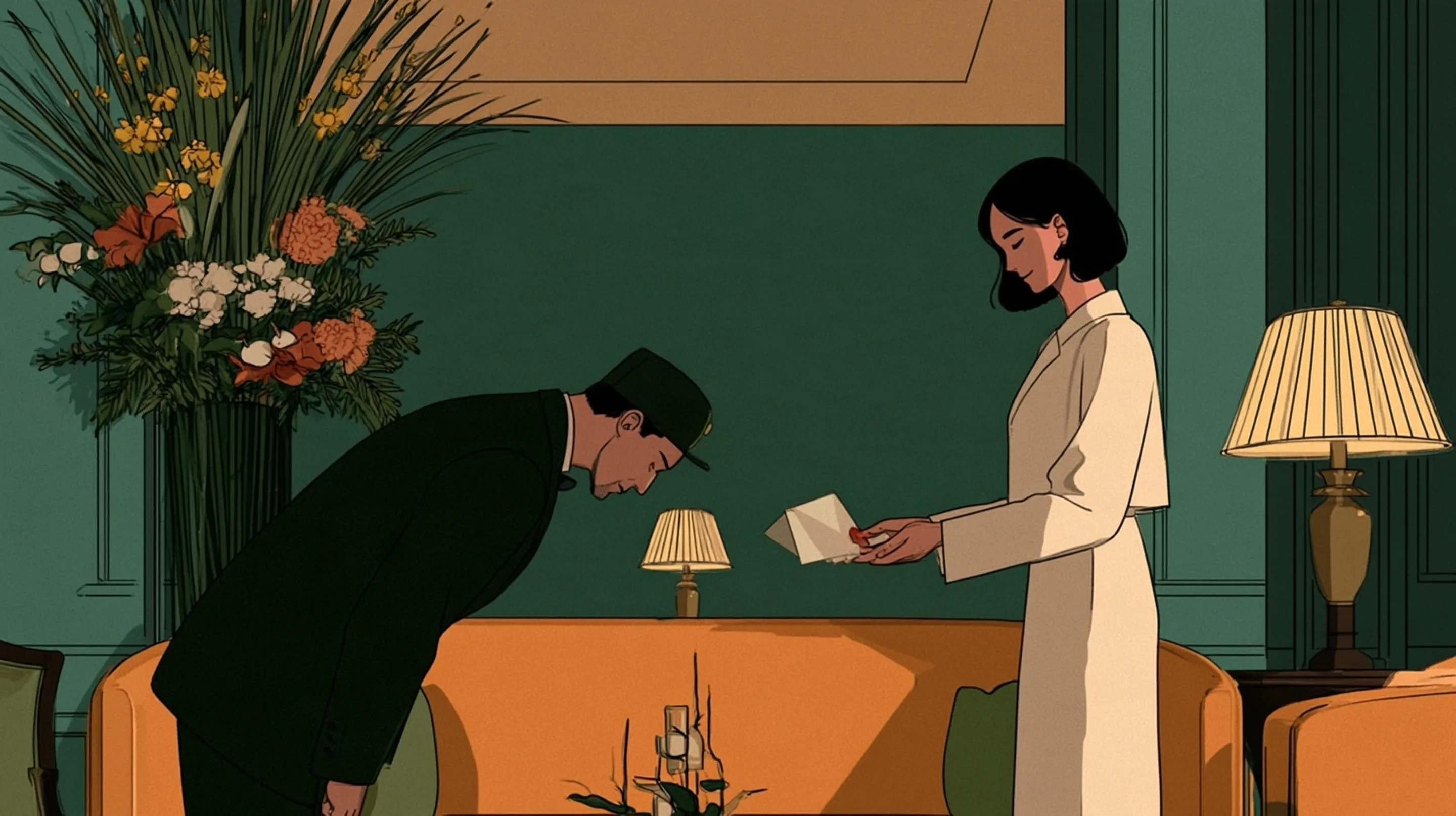 A hotel concierge in a dark suit bowing slightly as he hands an envelope to a smiling elegant guest in a calm Tokyo hotel lobby with a tall ikebana arrangement