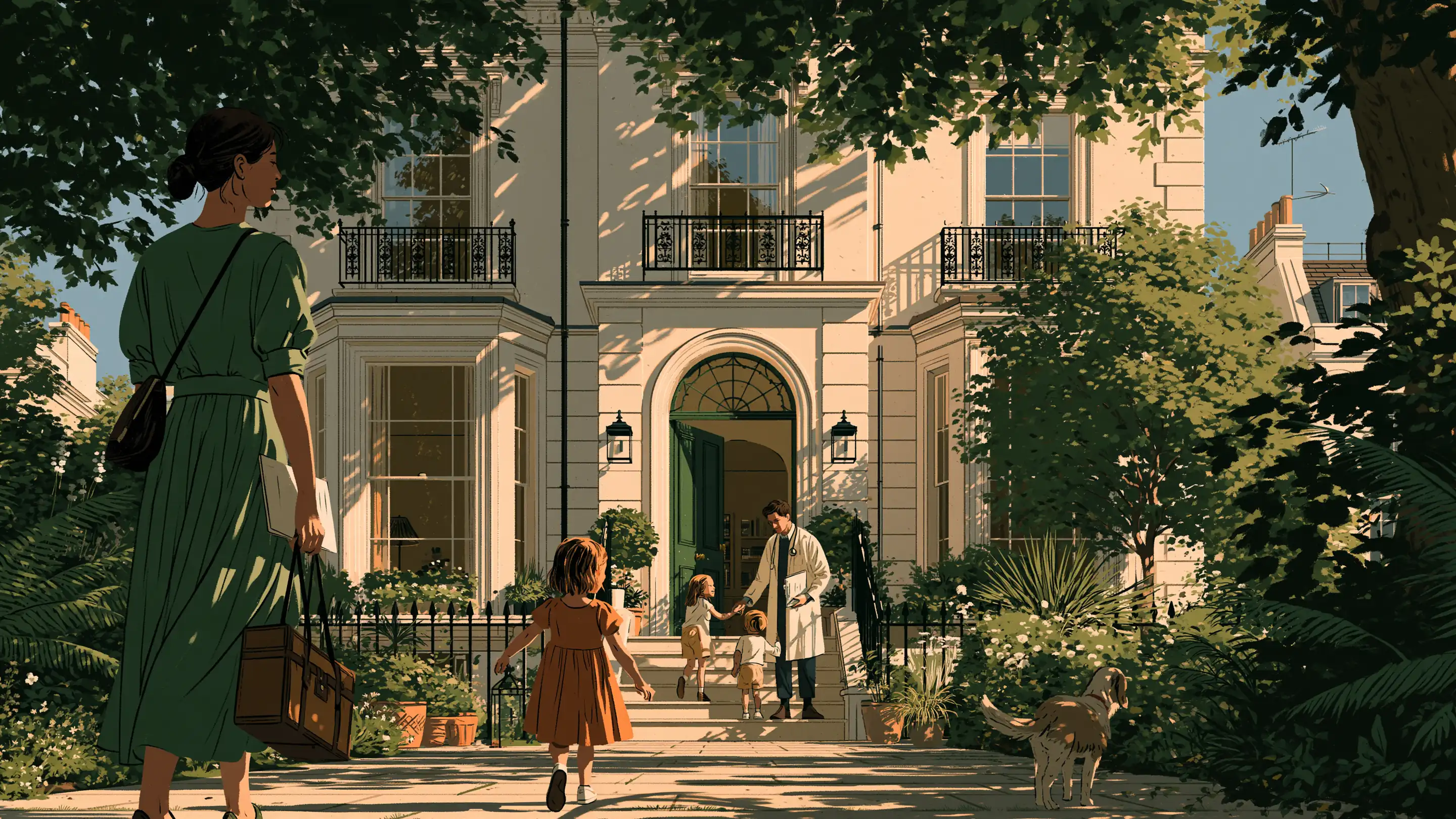 A mother and her daughter arriving at a London townhouse, where a doctor welcomes children at the door.