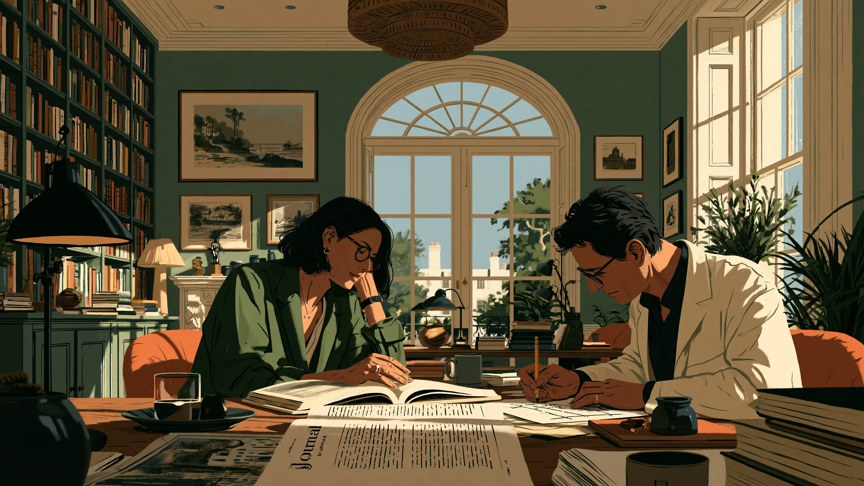 A patient and a doctor reading a medical journal together.