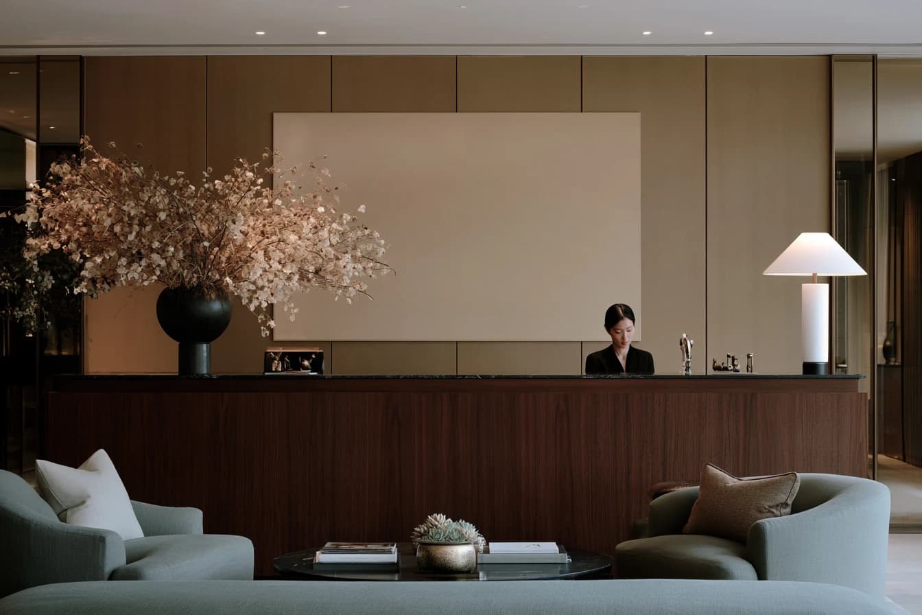 A quiet reception desk with a lamp and a vase of dried flowers
