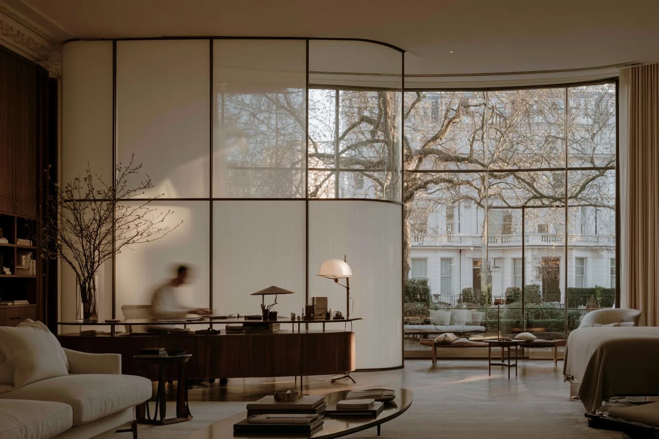 A light room with a curved glass wall, a London terrace beyond the trees