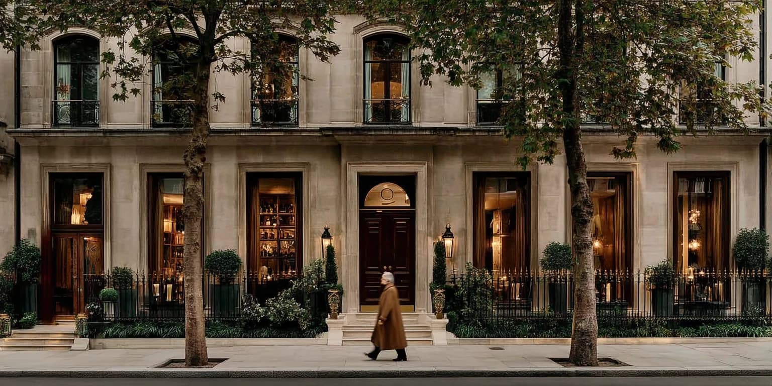 A woman in a camel coat walking past a stone townhouse in Marylebone