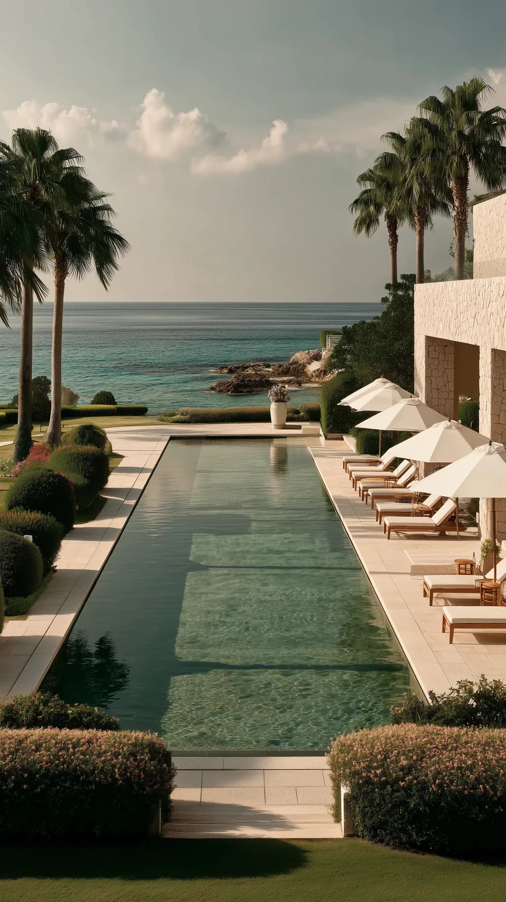 A long pool on a terrace above the sea, white parasols along one side