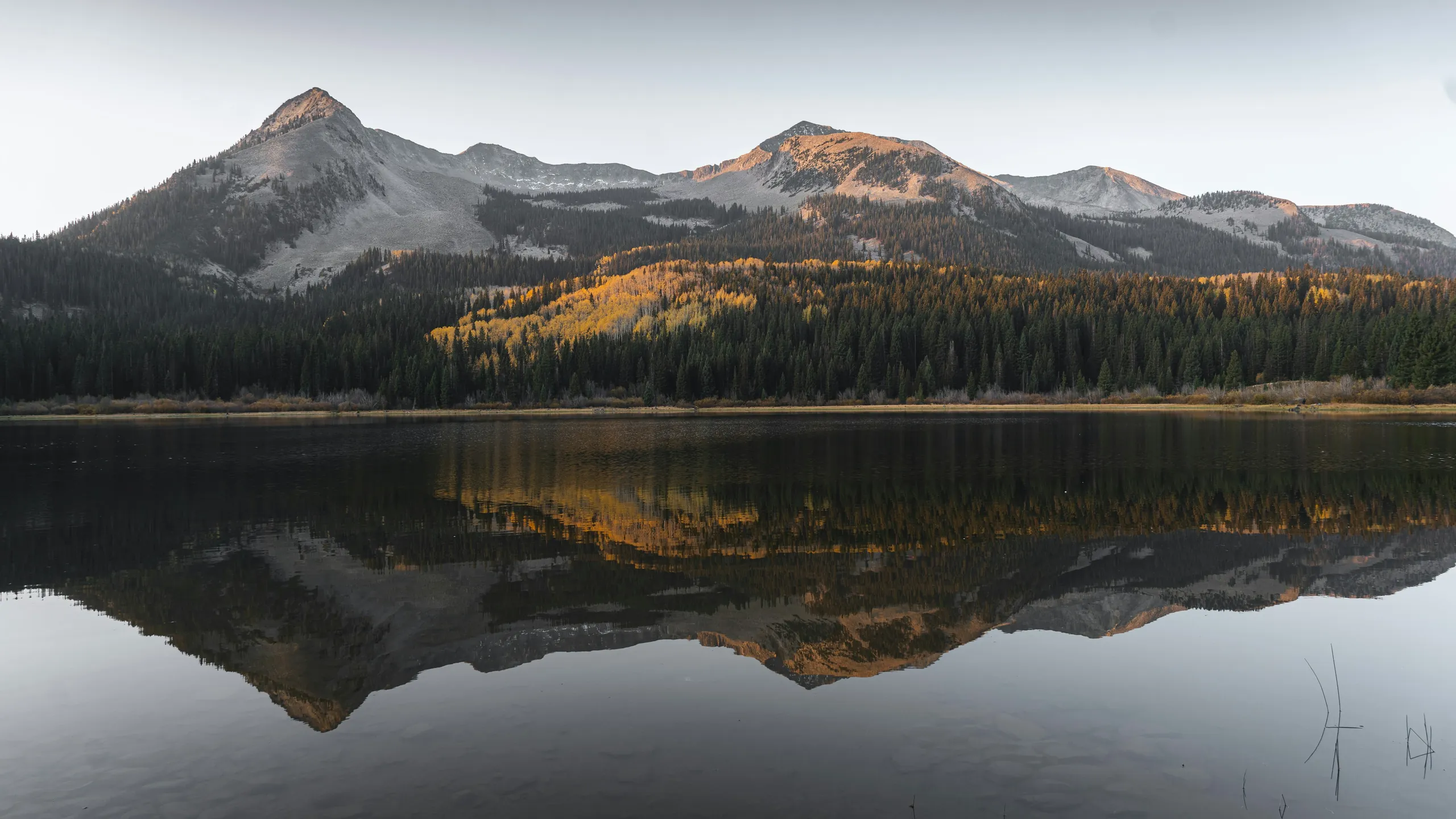 Snow-dusted mountains and autumn forest mirrored in a still lake