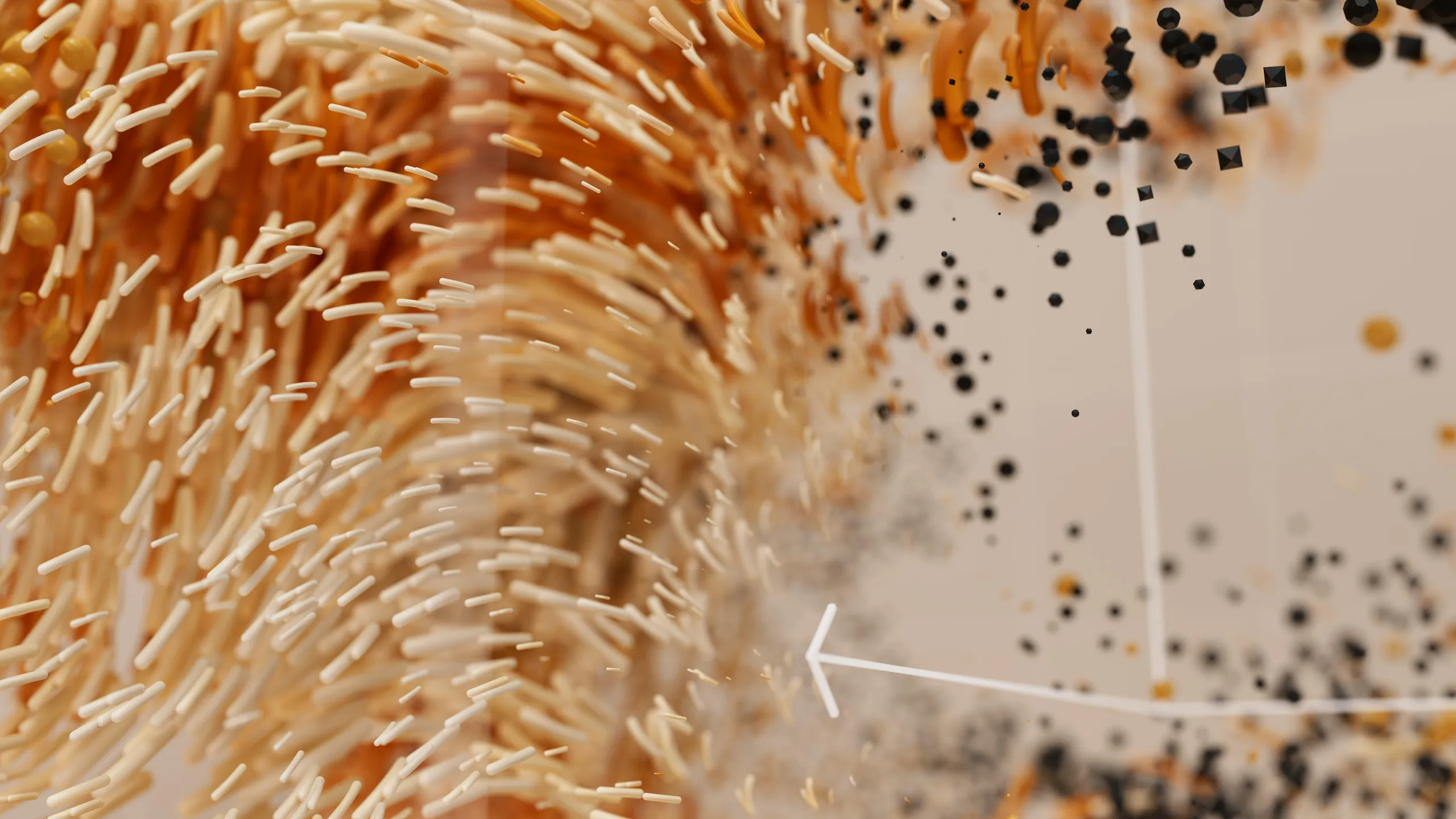 A field of fine amber fibres dissolving into dark particles