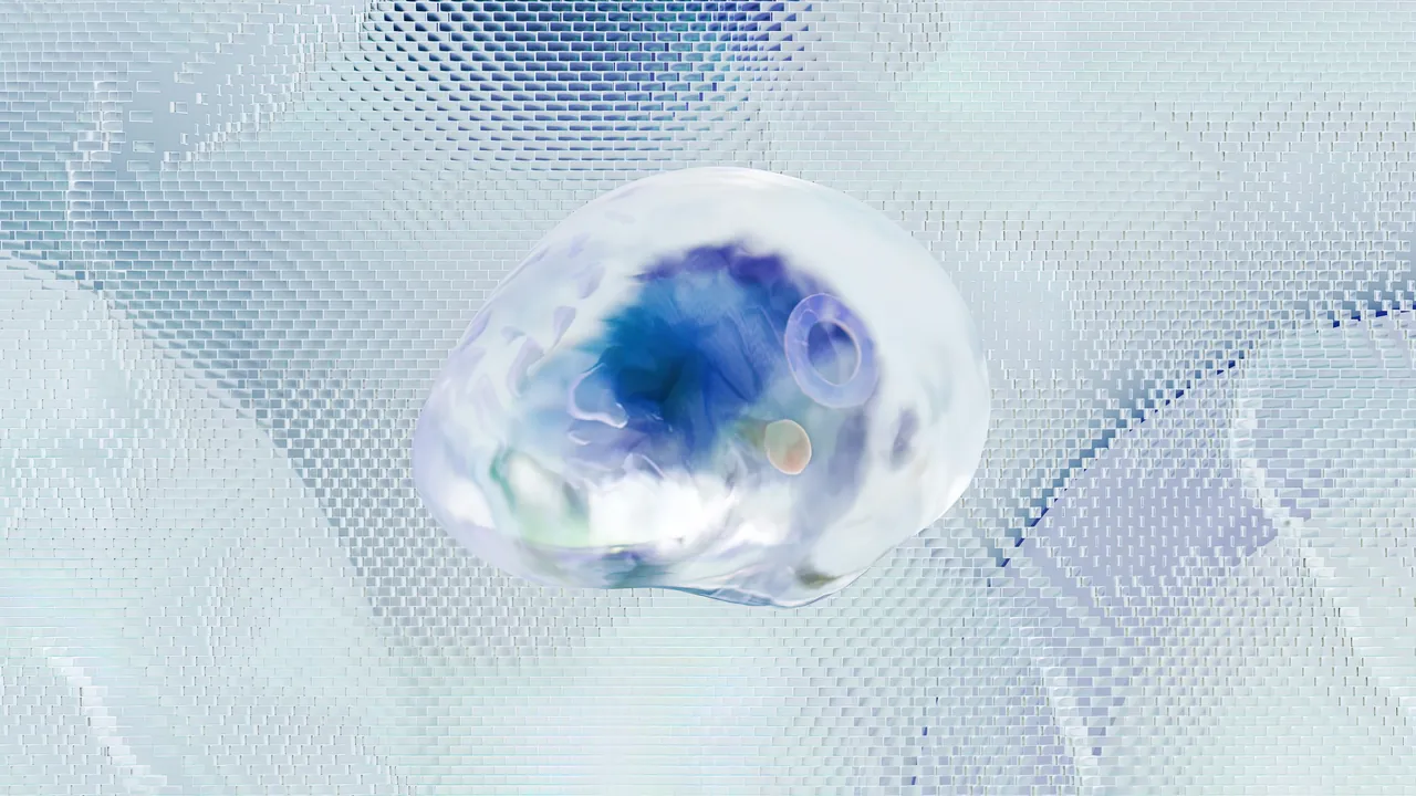 A translucent blue sphere, like a single cell, resting in a pale woven field