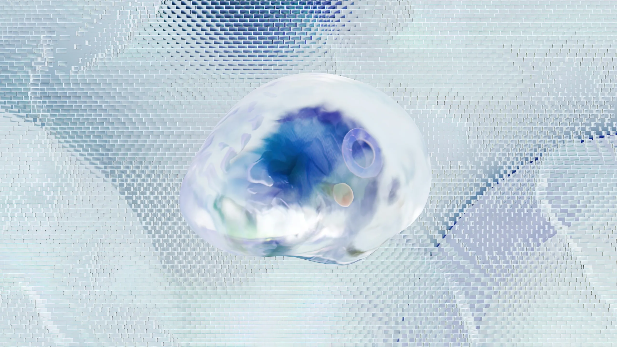 A translucent blue sphere, like a single cell, resting in a pale woven field