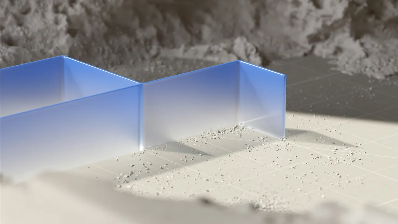 Blue glass panels standing on pale sand beneath a soft grey cloud