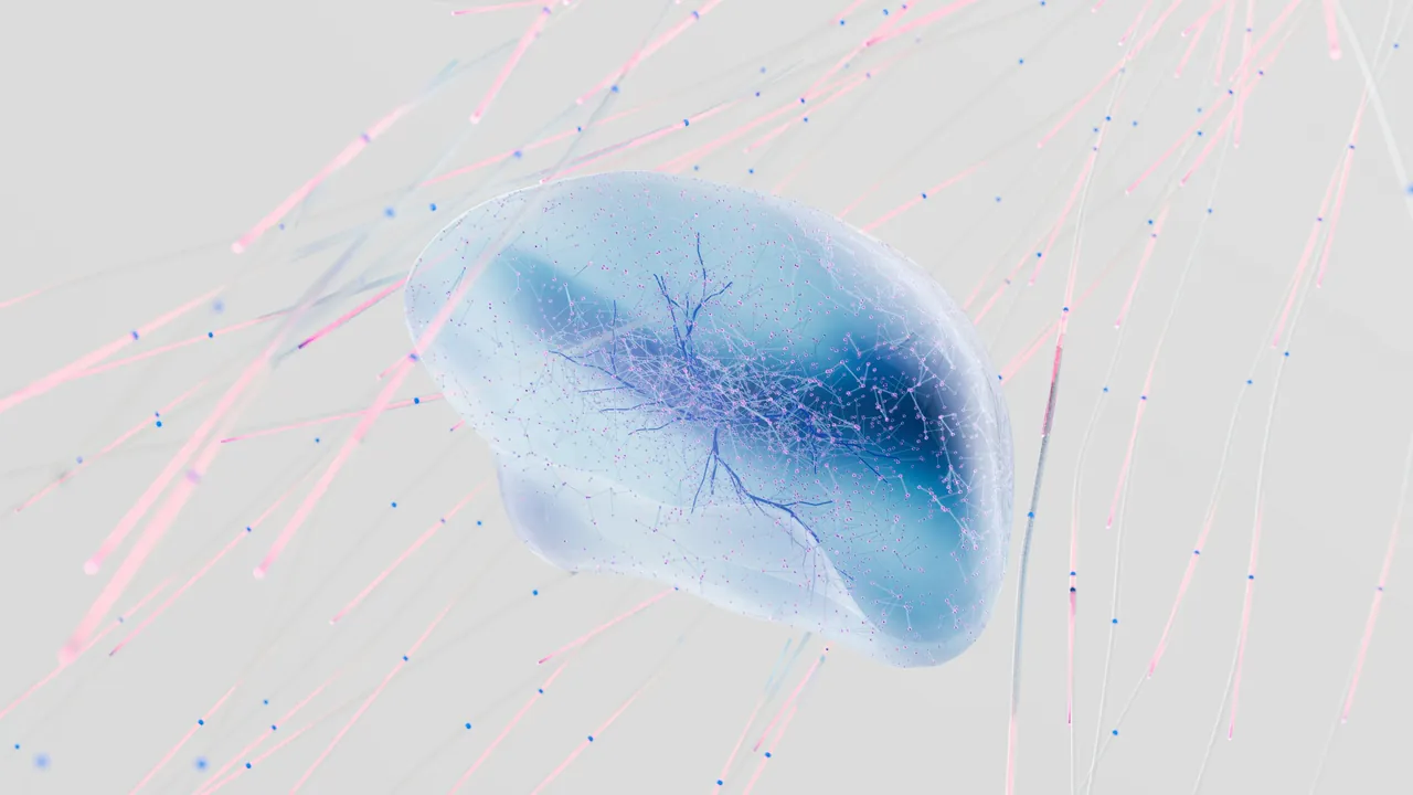 A soft blue form with fine veins, like tissue under a microscope, on a white ground