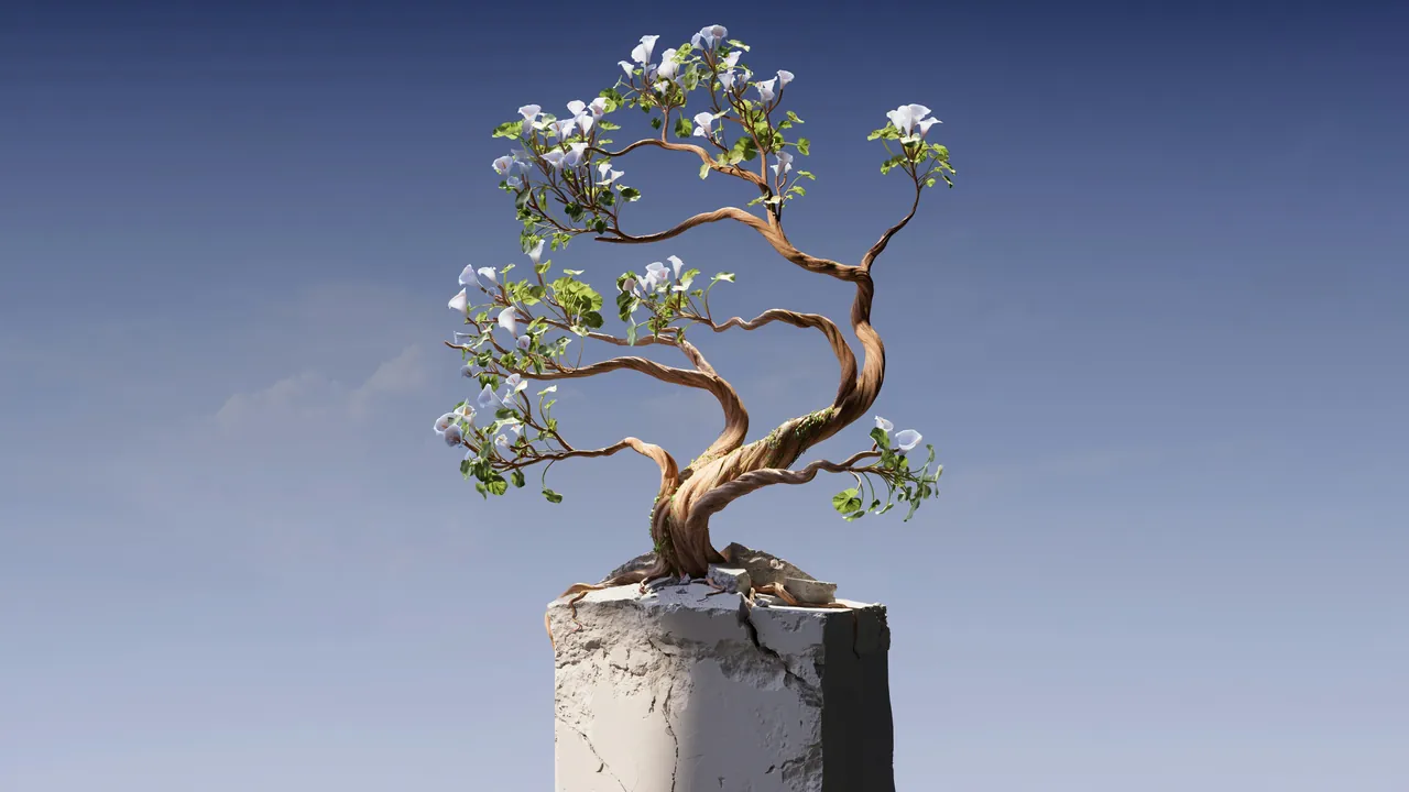 A flowering bonsai growing from a block of stone against a clear blue sky
