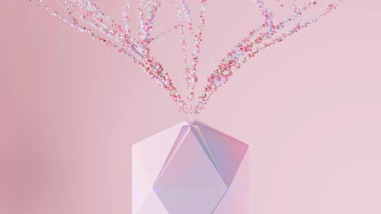 Fine pink branches rising from a pale crystal on a blush pink ground