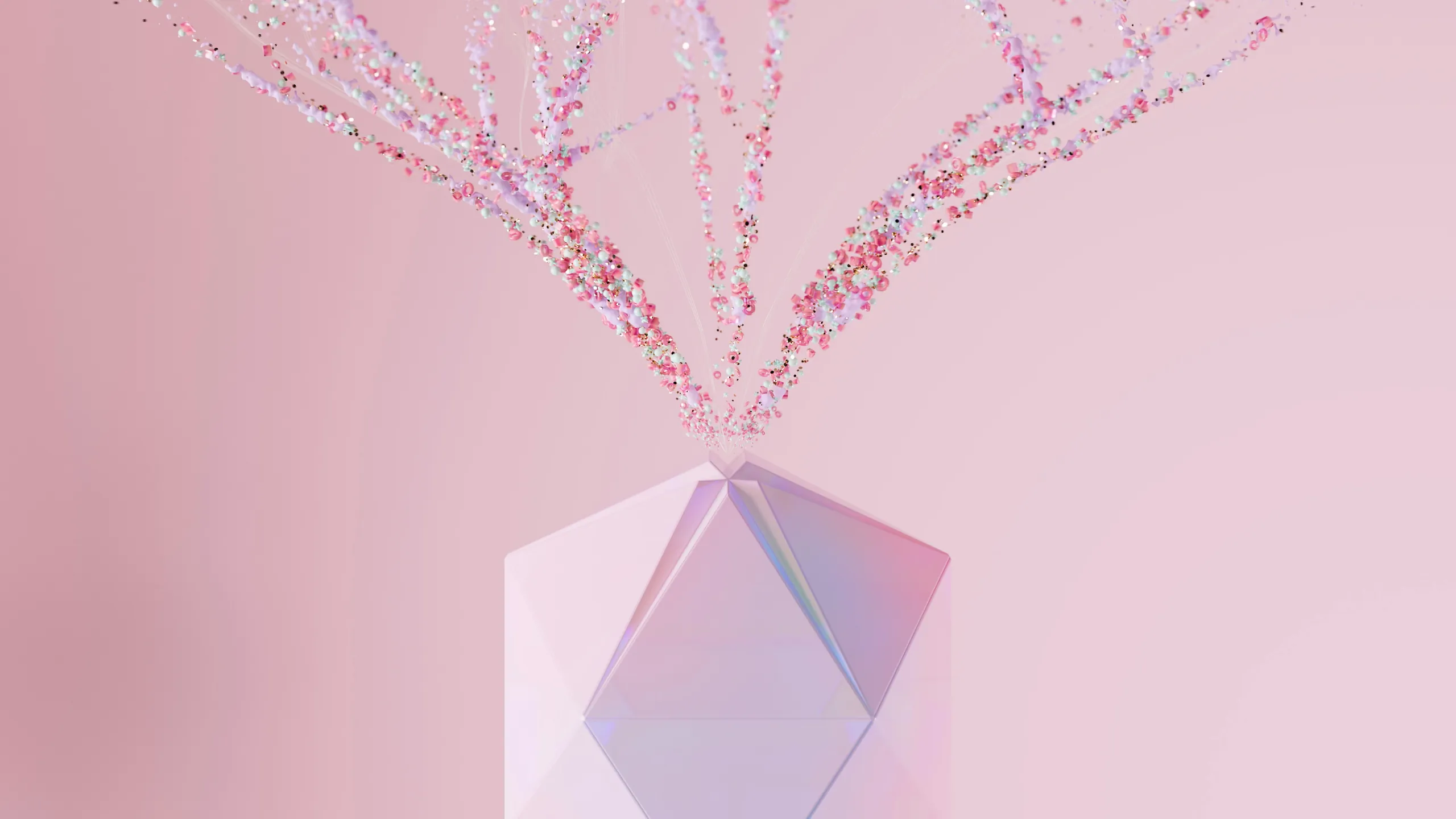 Fine pink branches rising from a pale crystal on a blush pink ground