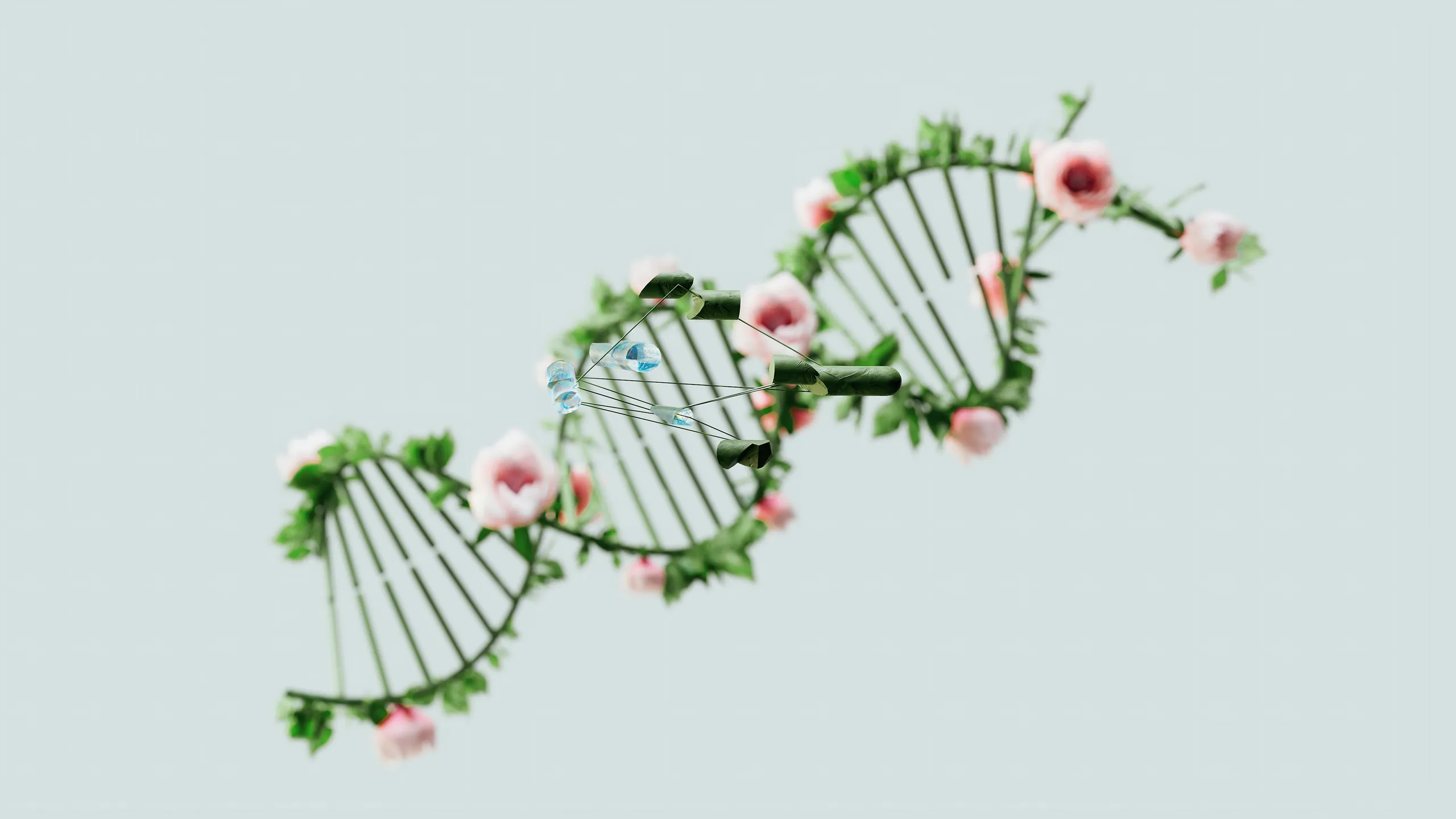 A double helix wound with pink flowers and green leaves, on a pale grey ground