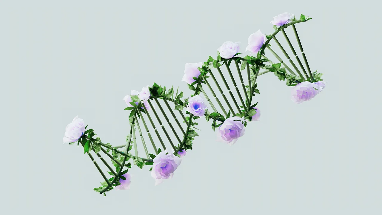 A twisting double helix dressed in lilac and white flowers