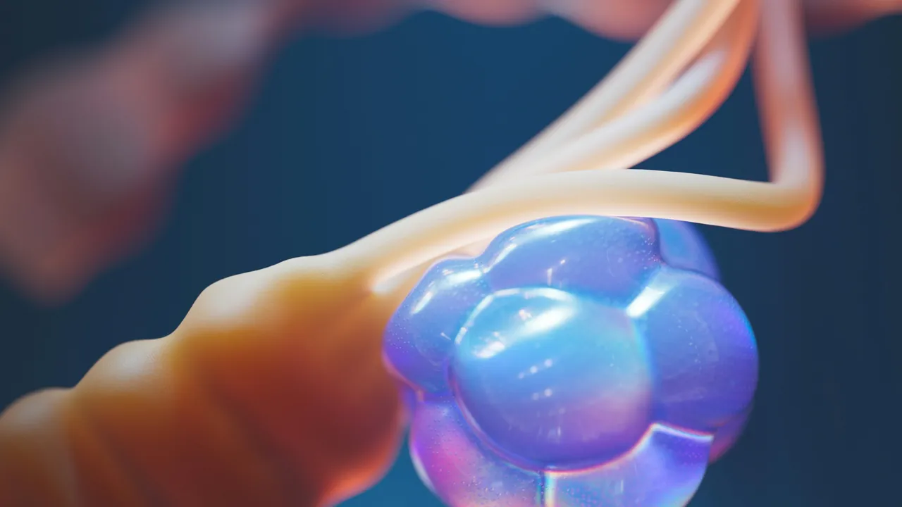 A soft amber ribbon wrapped around a glowing violet form, against blue