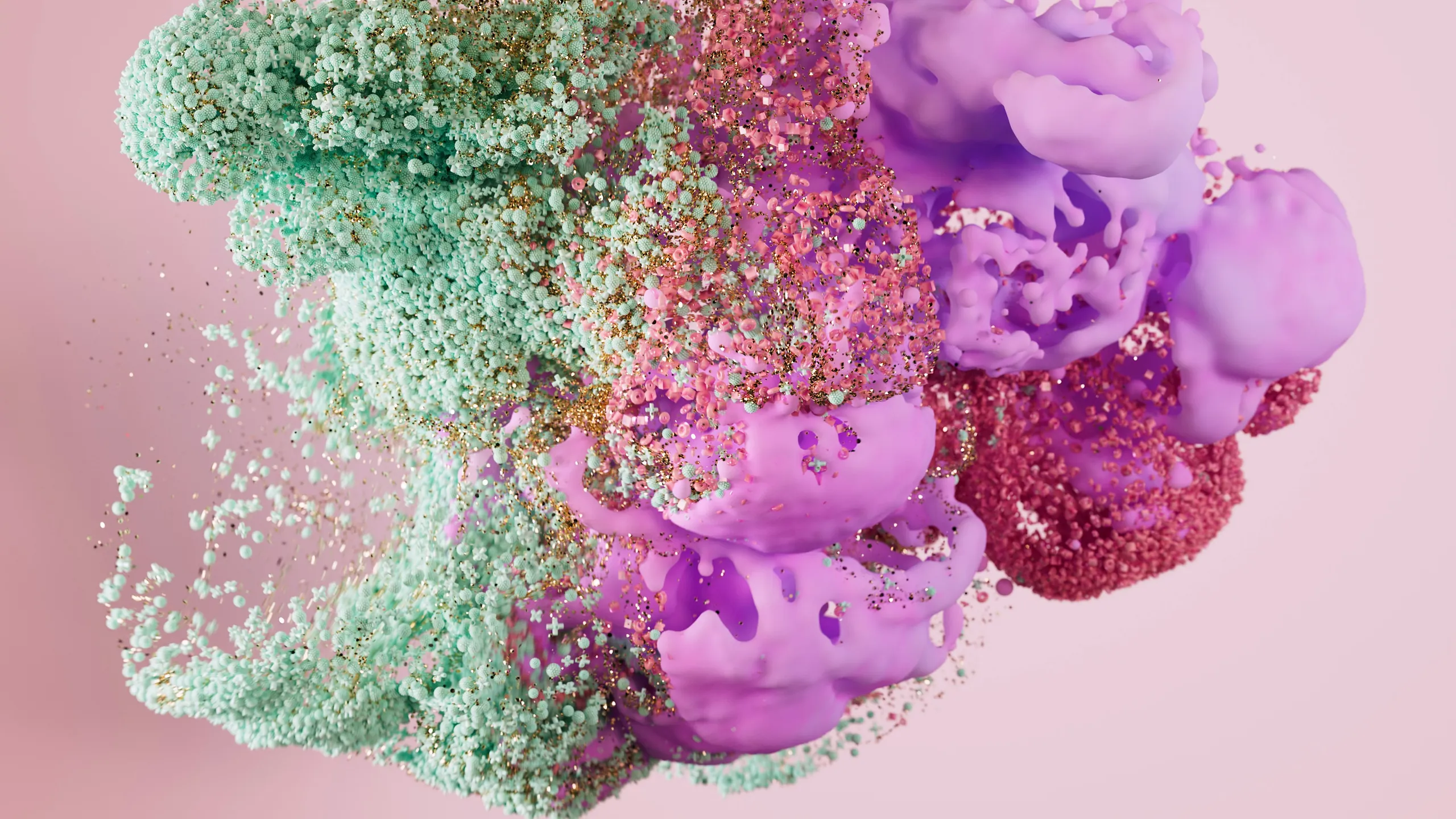A burst of mint and magenta textures against a soft pink ground