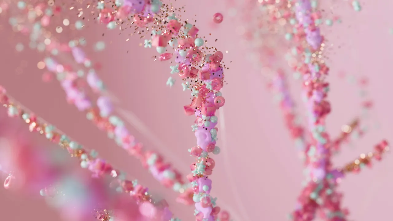Branches of pink, coral-like beads, softly out of focus
