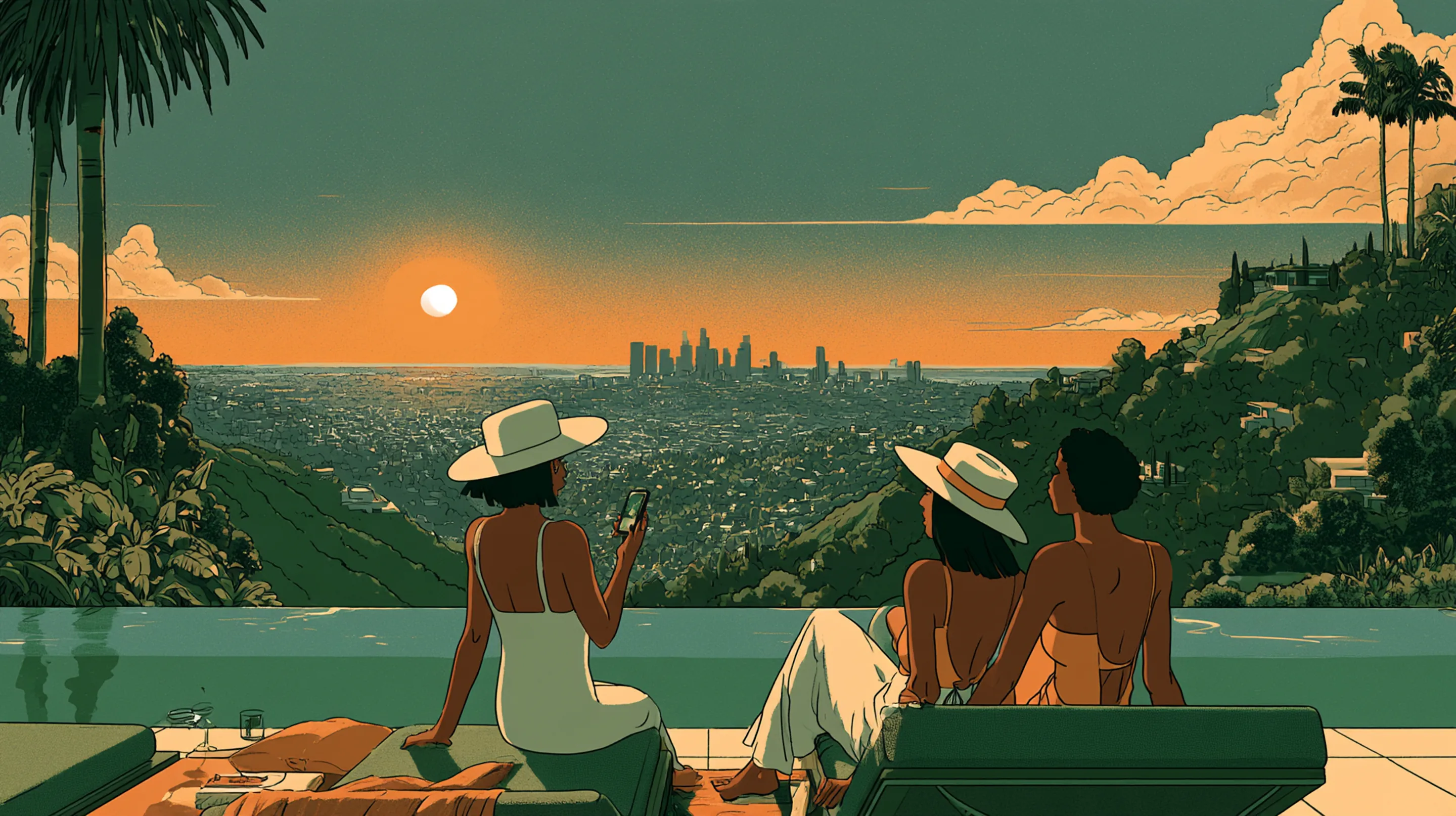 Friends by an infinity pool above Los Angeles at sunset