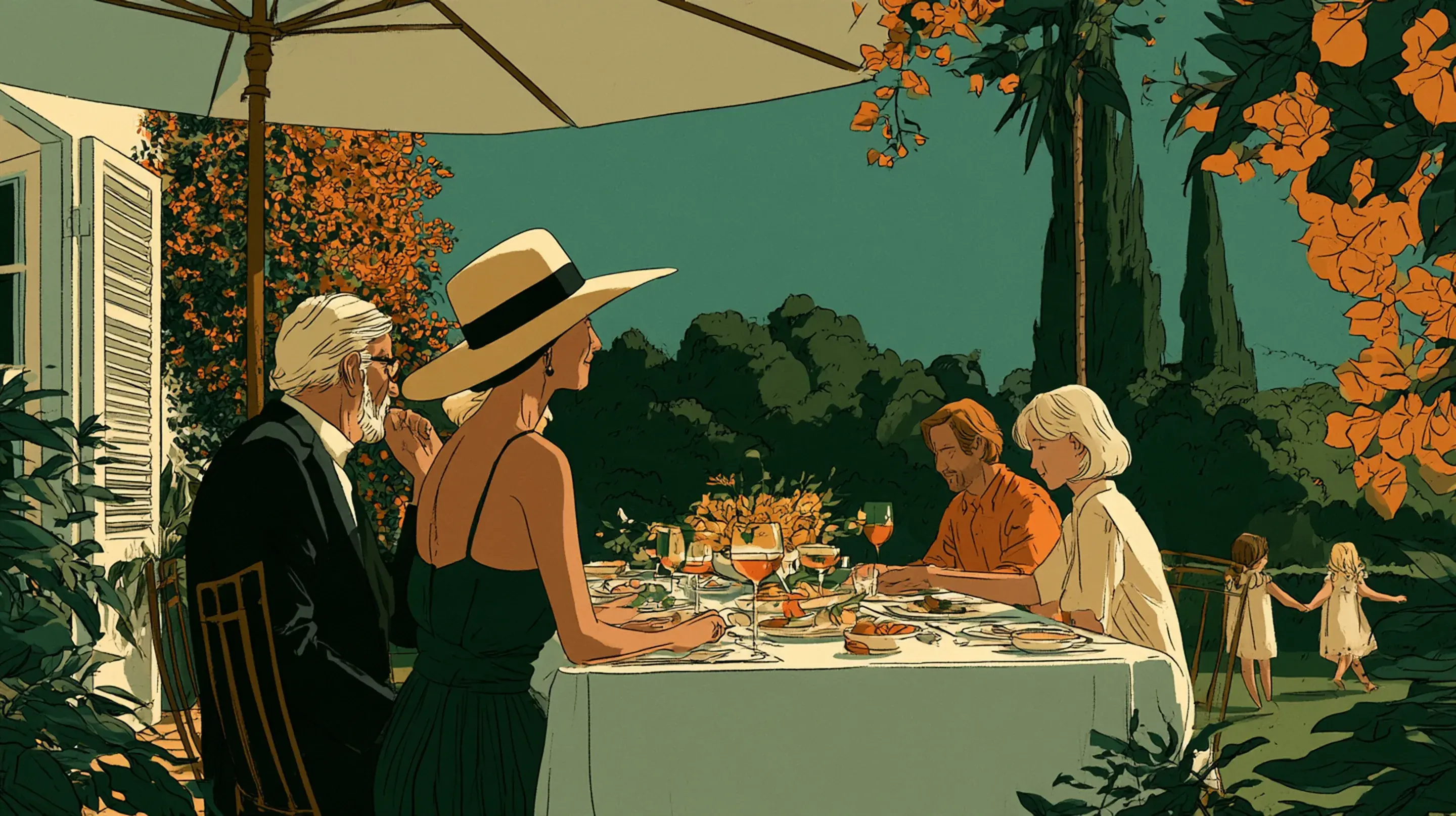 Three generations at a long lunch on a shaded terrace