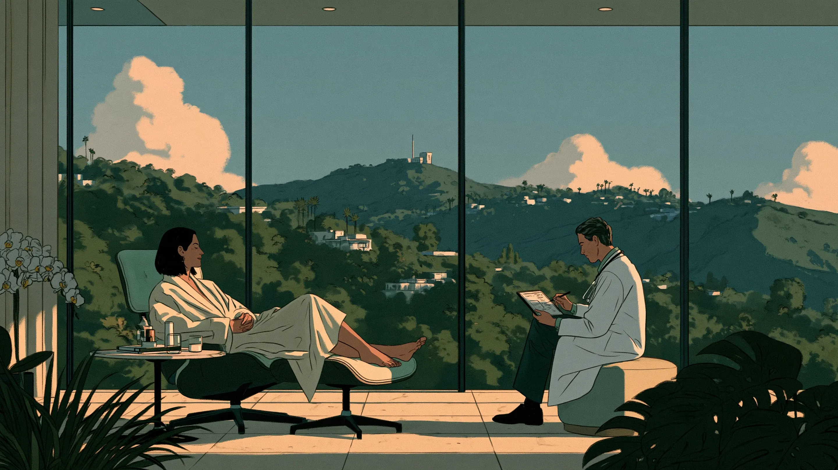 A woman in a soft robe resting in a lounge chair in a bright glass studio above the Beverly Hills canyons, a doctor beside her reading her results on a tablet