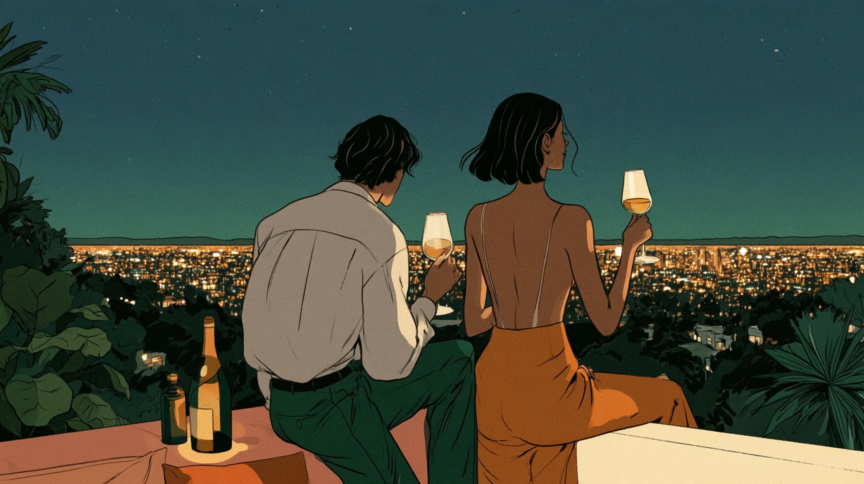 A couple on a hillside terrace above the lights of Los Angeles