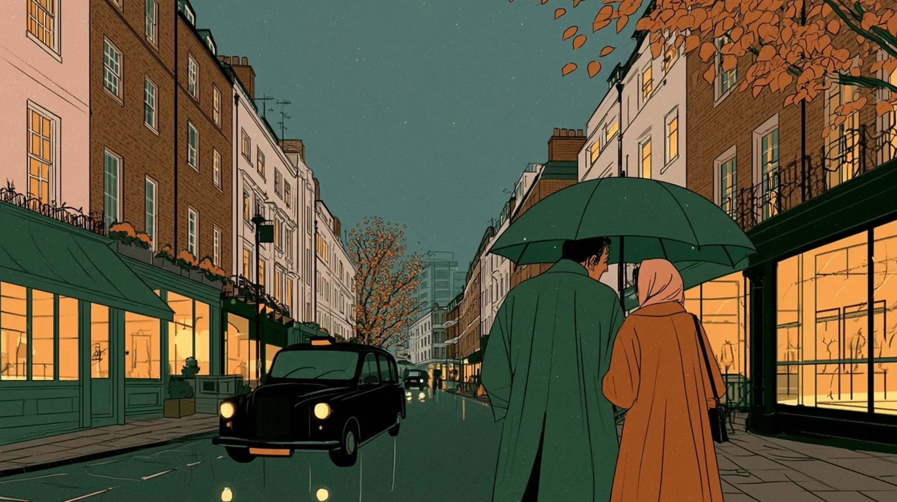 A couple walking down Marylebone High Street in the rain