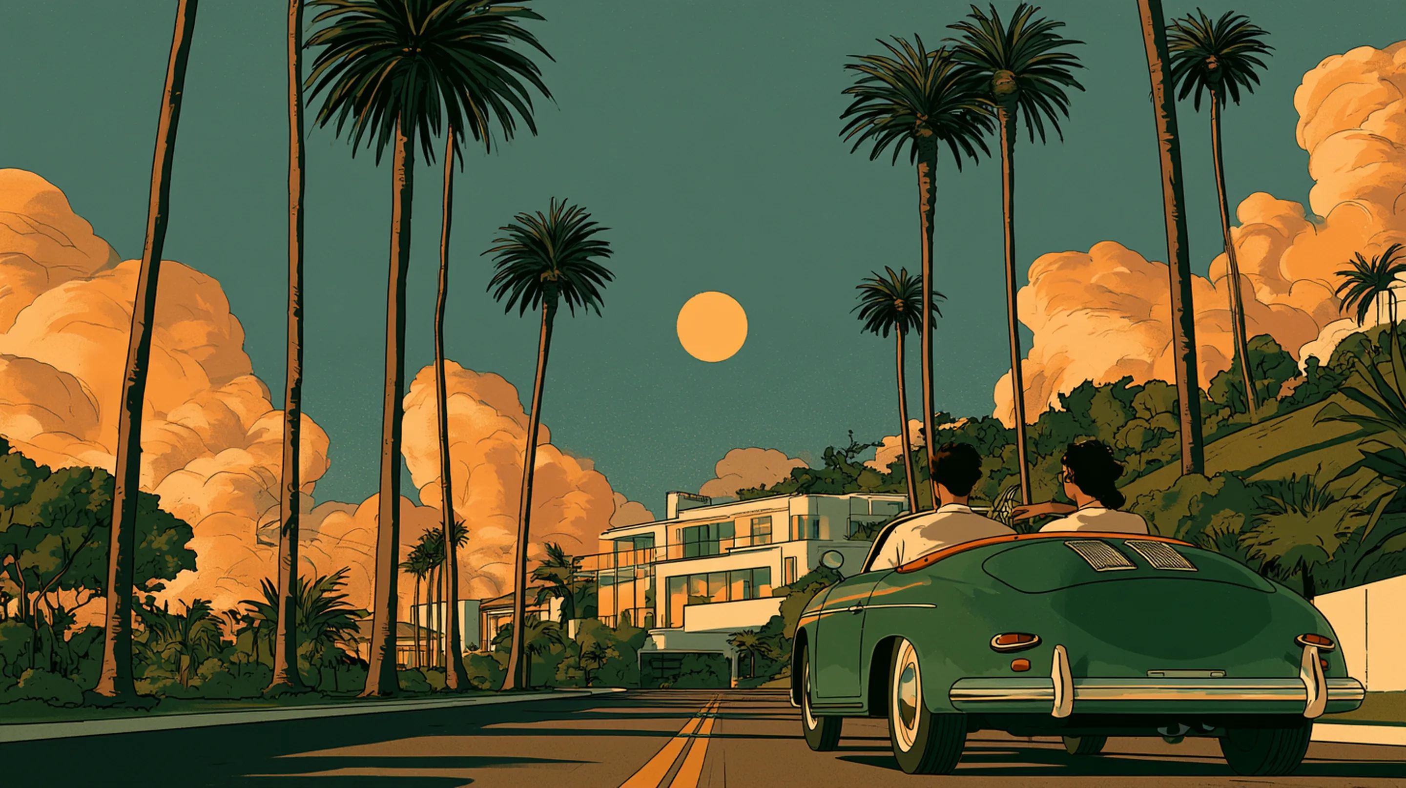 A vintage convertible on a palm-lined street at dusk