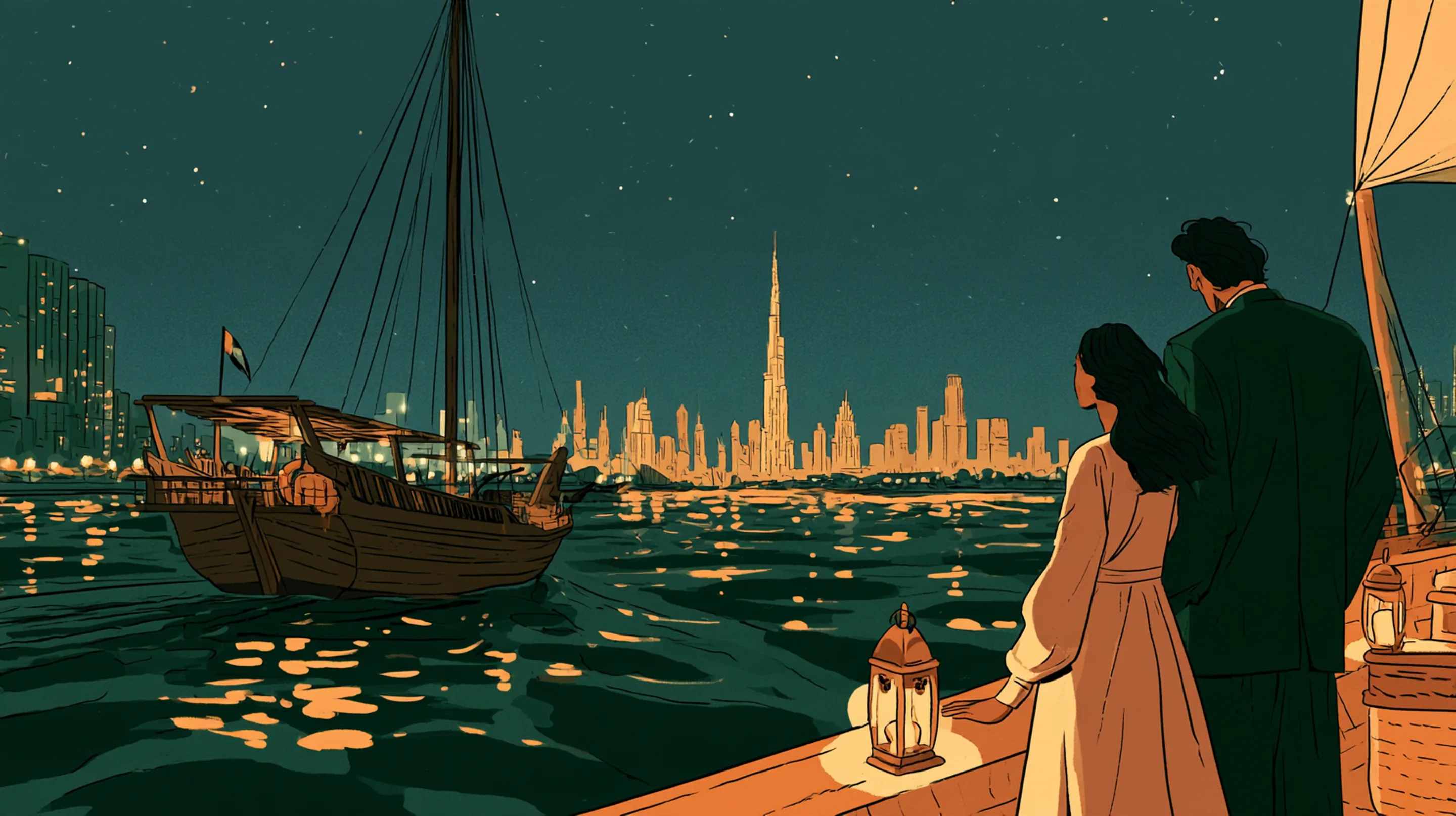 A couple on a dhow deck looking at the lit Dubai skyline at night