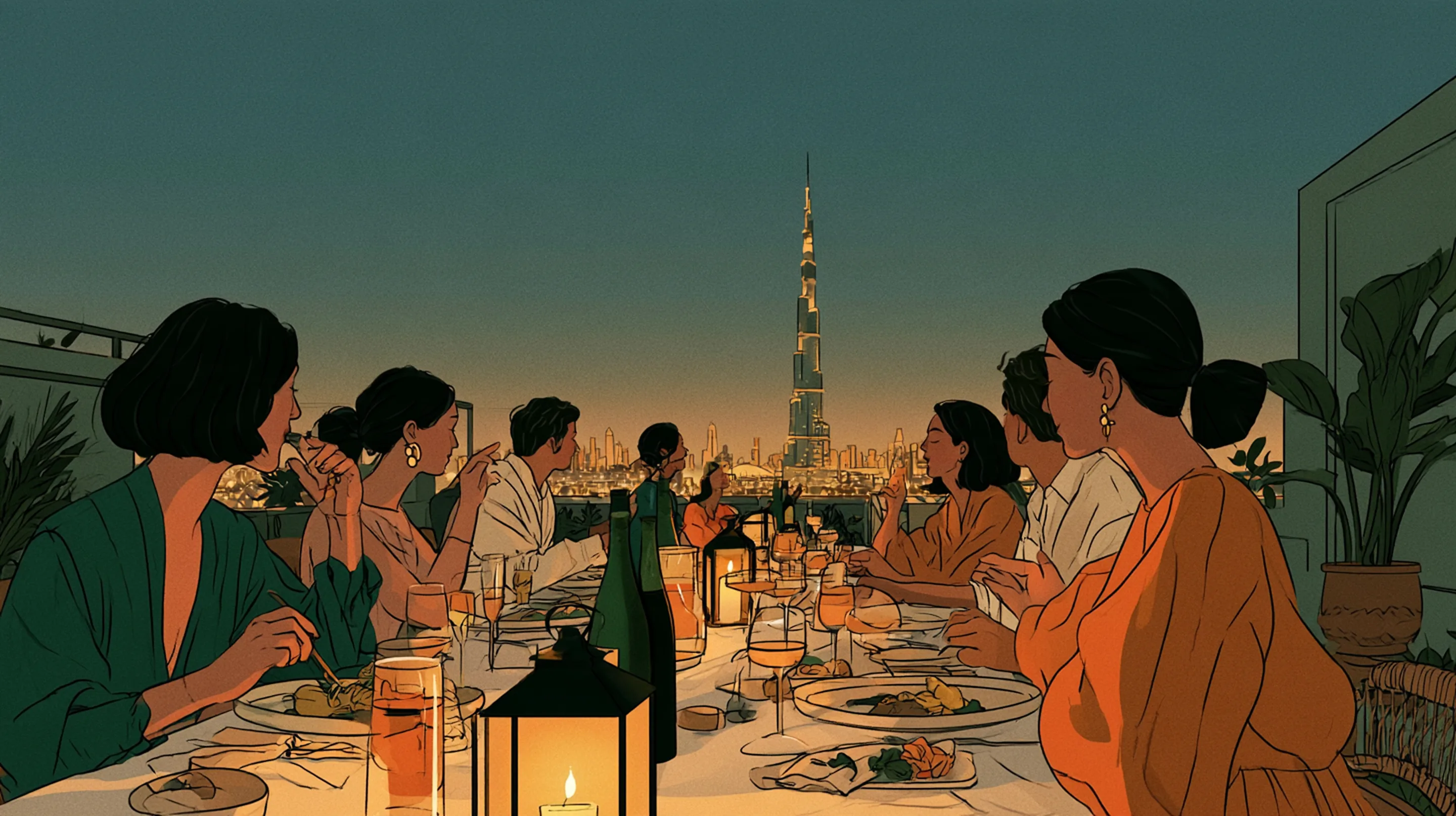 Friends at a candlelit rooftop dinner with the Burj Khalifa beyond