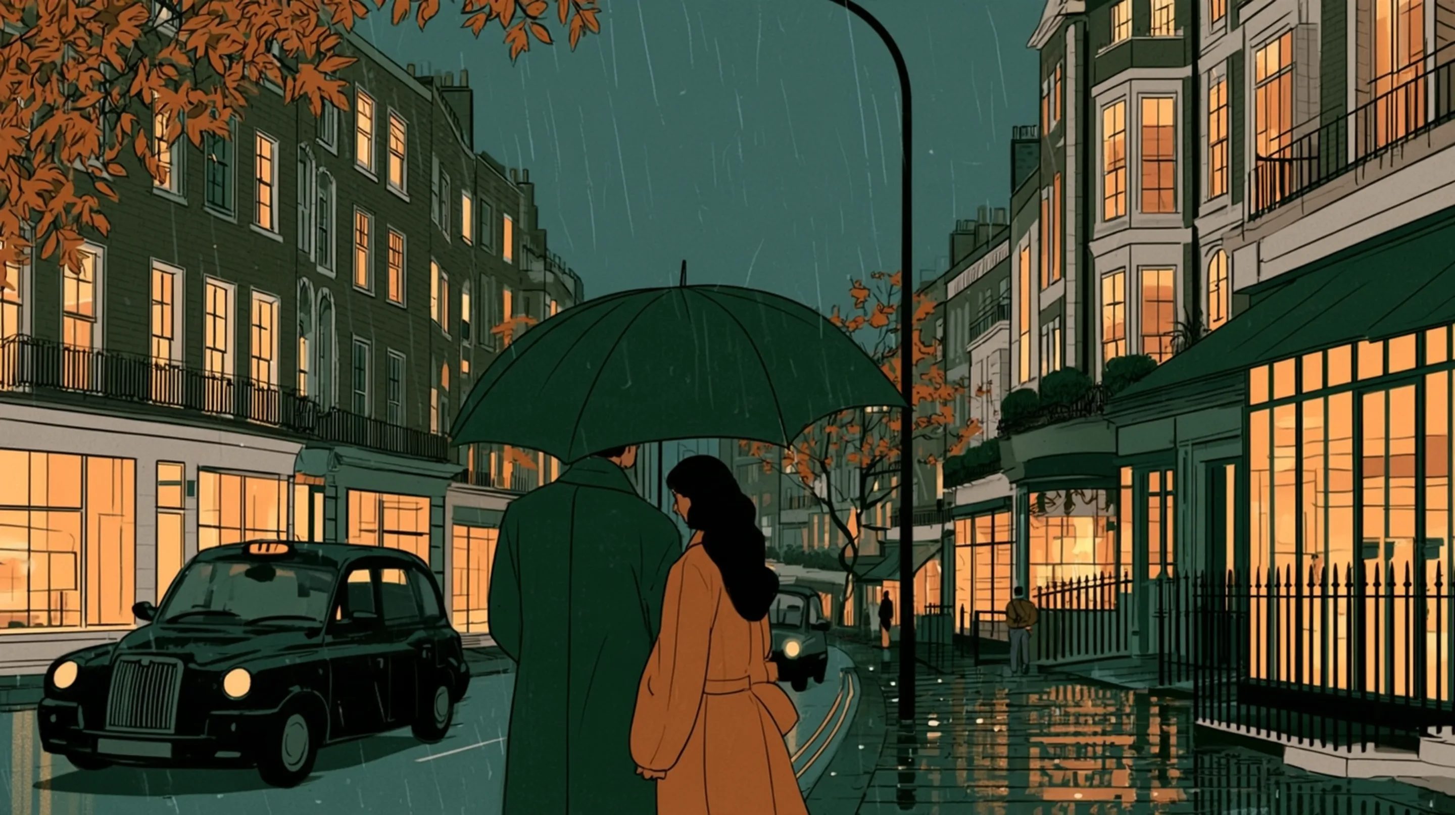 A couple walking down Marylebone High Street in the rain