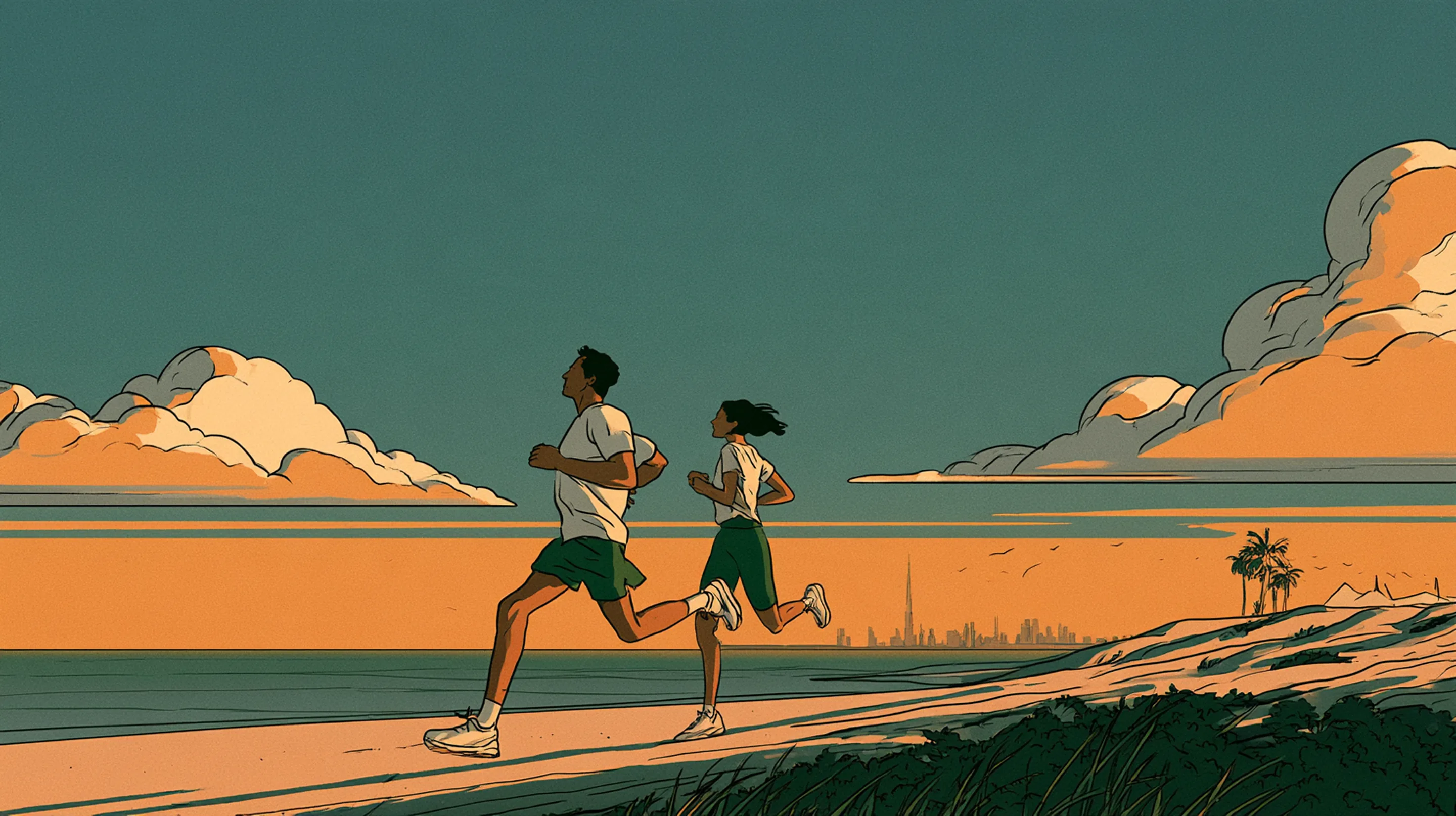 Two people running along the beach at sunrise