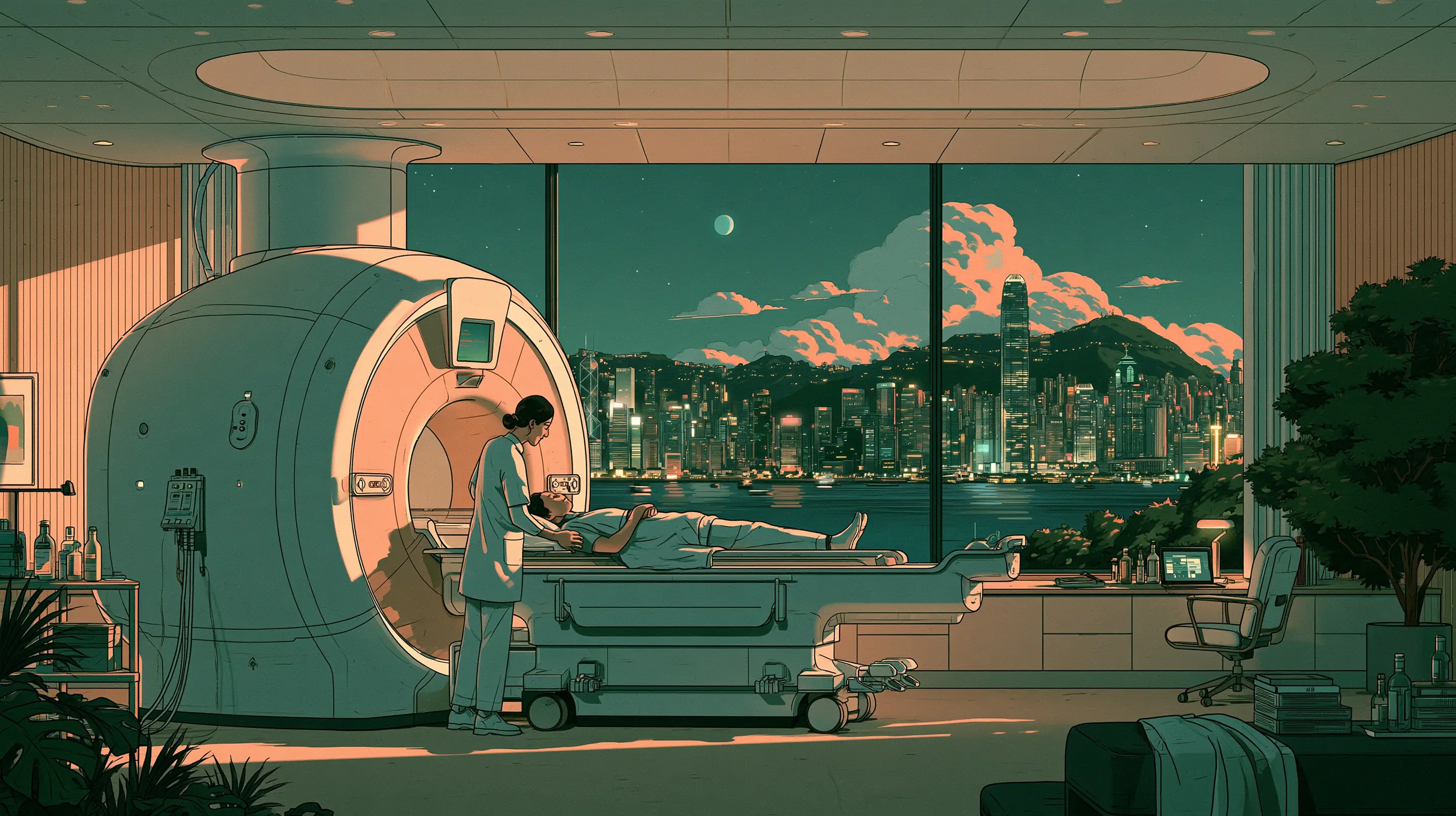 A radiographer settling a calm guest onto the scanner bed in a private MRI suite of pale timber, the lit Hong Kong skyline across the harbour at night