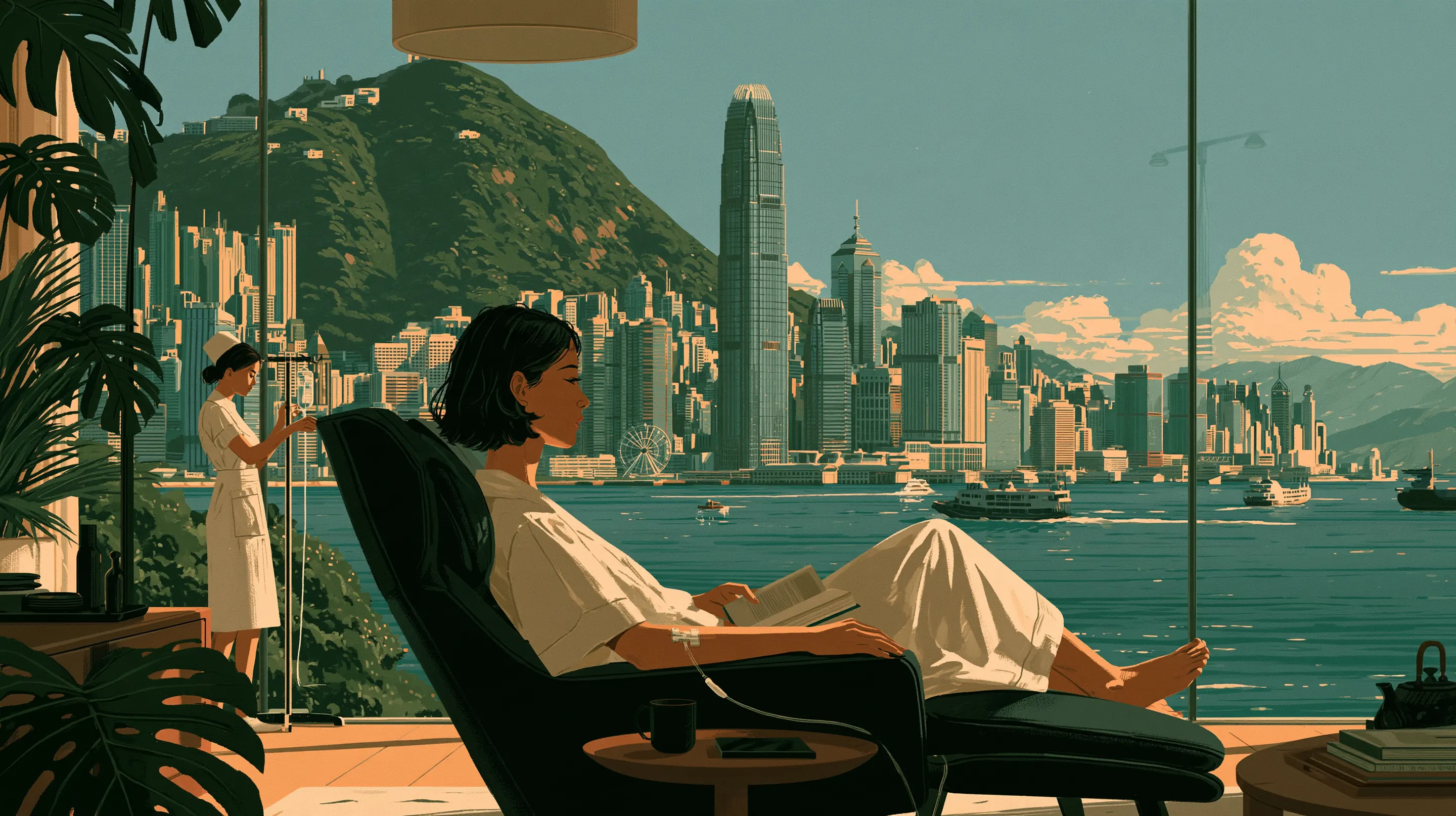 A woman reading in a deep armchair with an IV drip in her arm in a calm suite above Victoria Harbour, a nurse adjusting the drip stand beside her