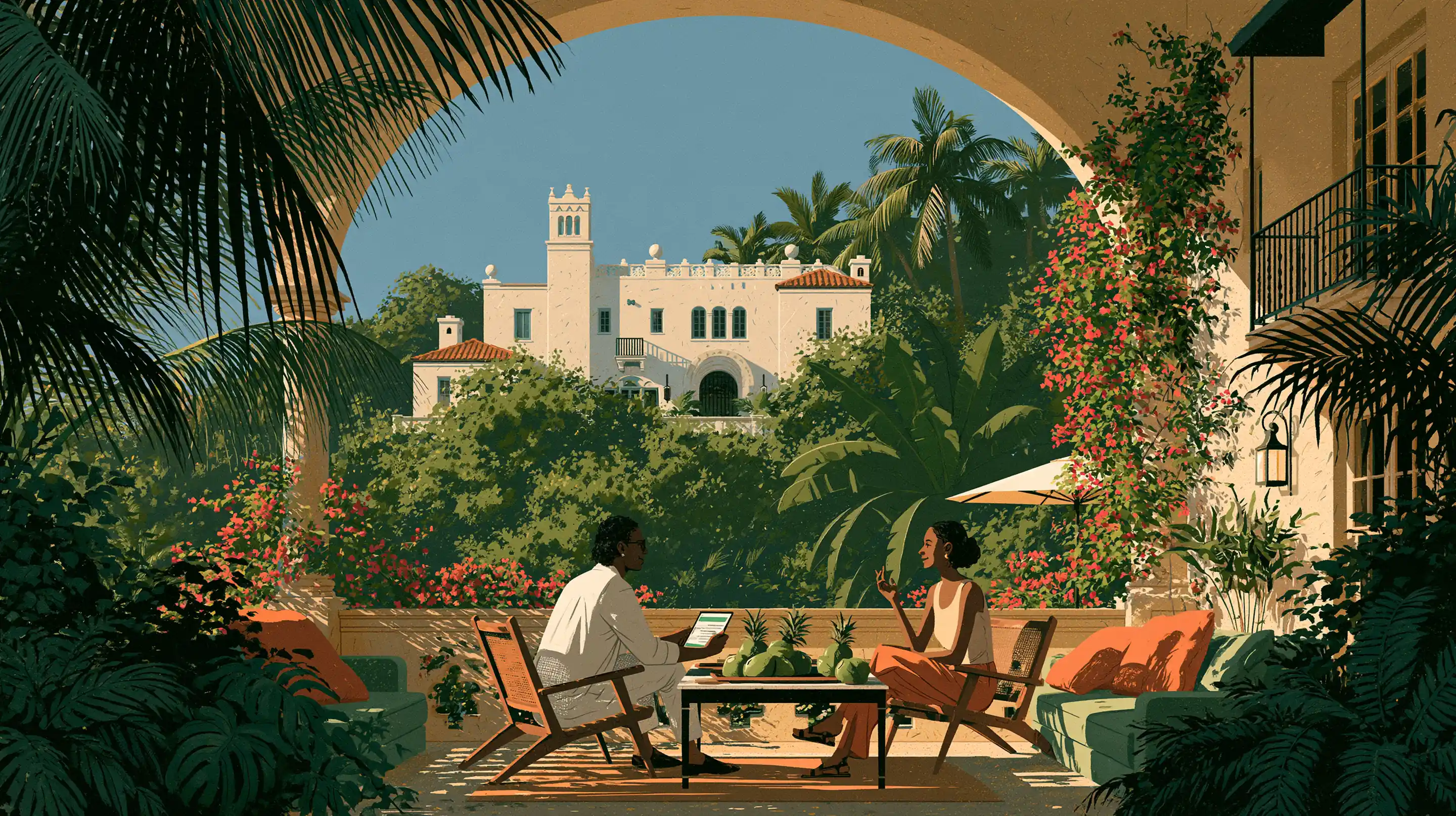 A doctor and a client in conversation on the shaded loggia of a Coral Gables house, a tablet and fresh coconuts on the table, bougainvillea and a white bell tower beyond