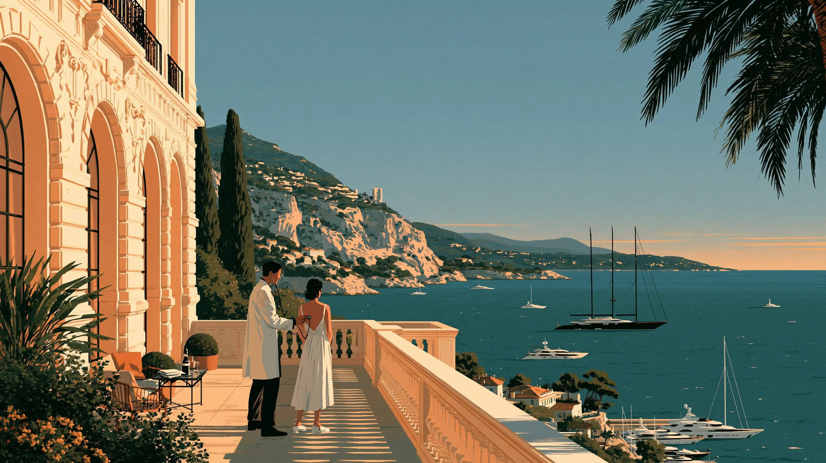 A doctor in a white coat with a woman in a white dress on the terrace of a Monte-Carlo apartment, the sea, the cliffs and the yachts below in morning light