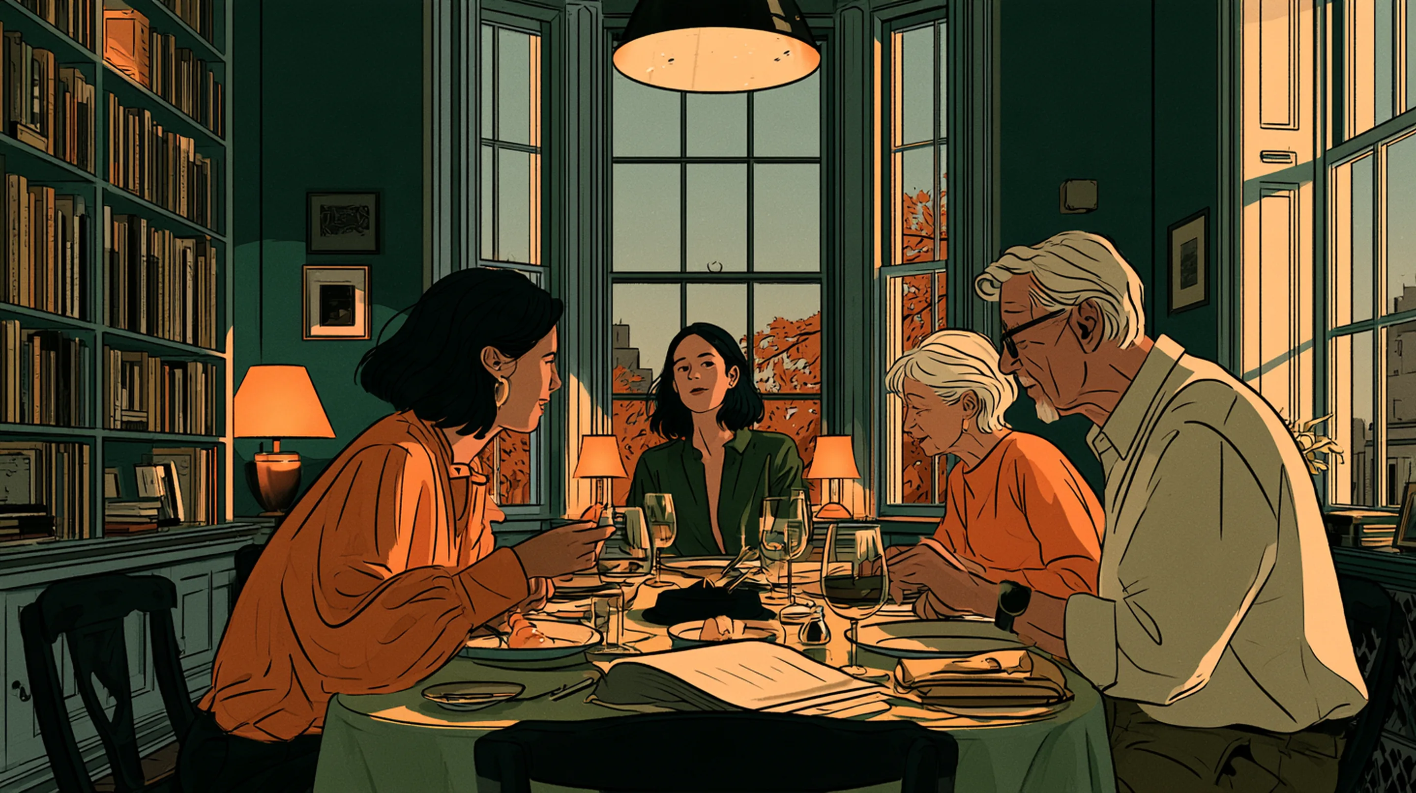 Three generations at dinner in an Upper East Side apartment