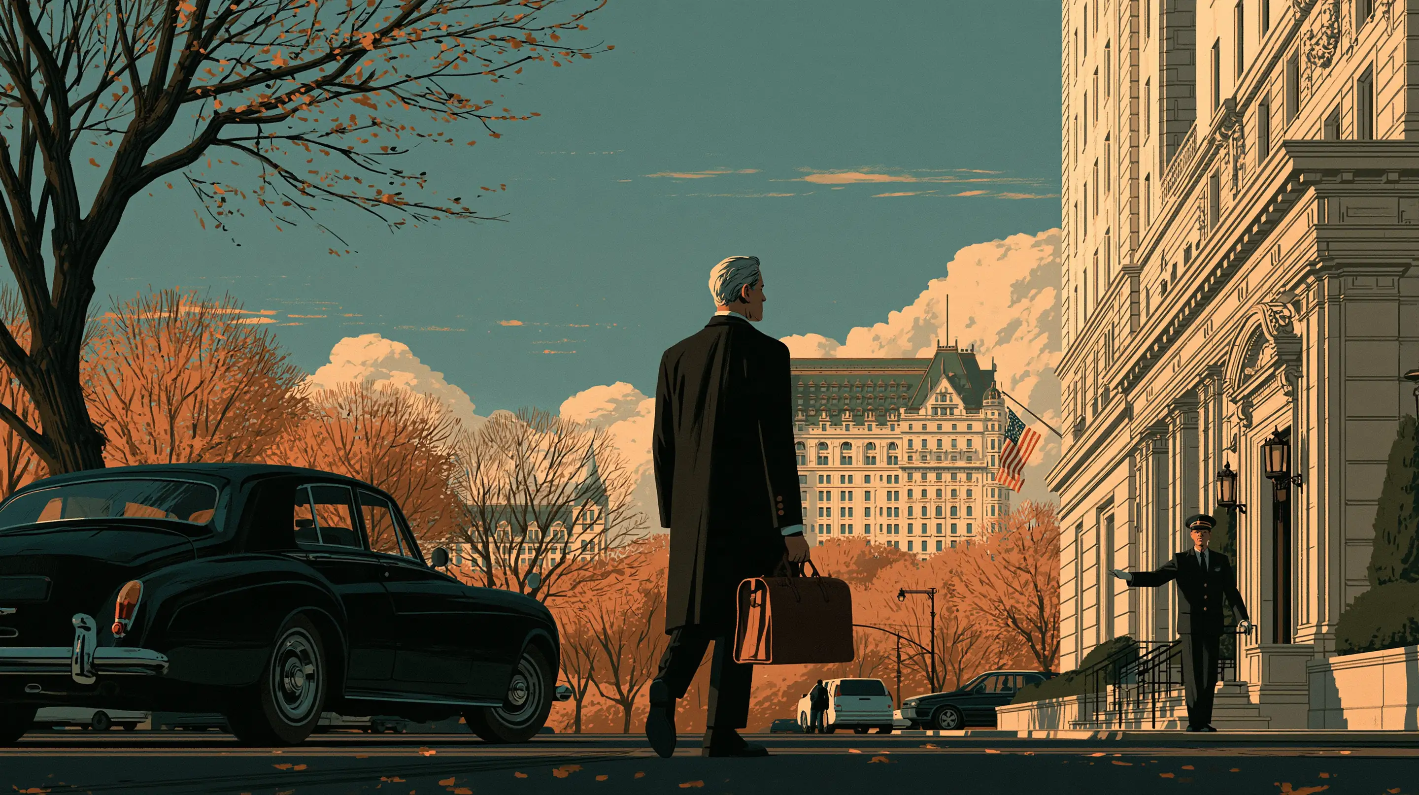 A doctor with a leather bag stepping from a black car outside a Fifth Avenue building in autumn, a doorman greeting him, the Plaza and Central Park beyond