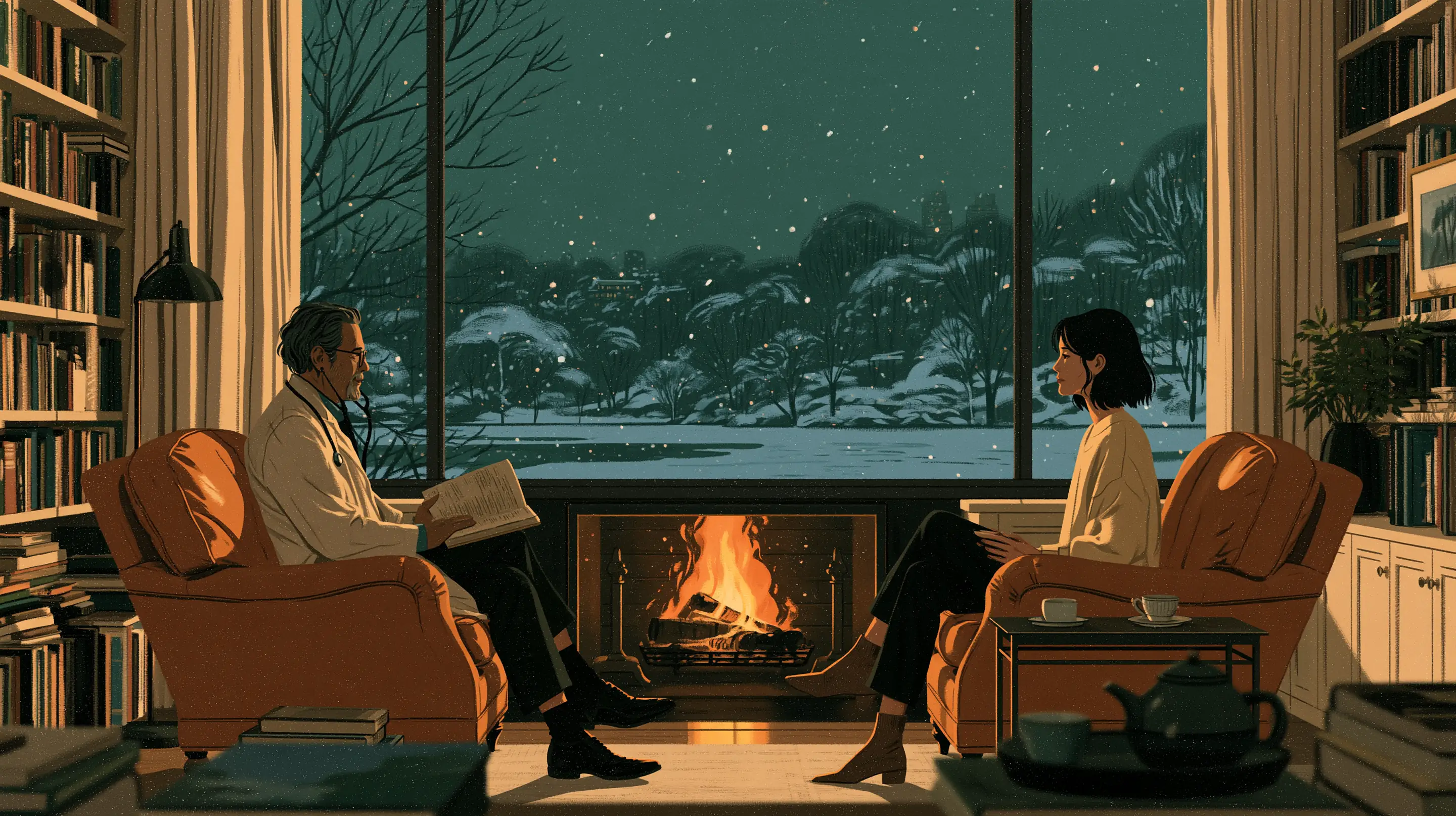 A doctor and a client talking in leather armchairs by a fire in a book-lined Upper East Side study, a pot of tea between them, snow falling over Central Park outside