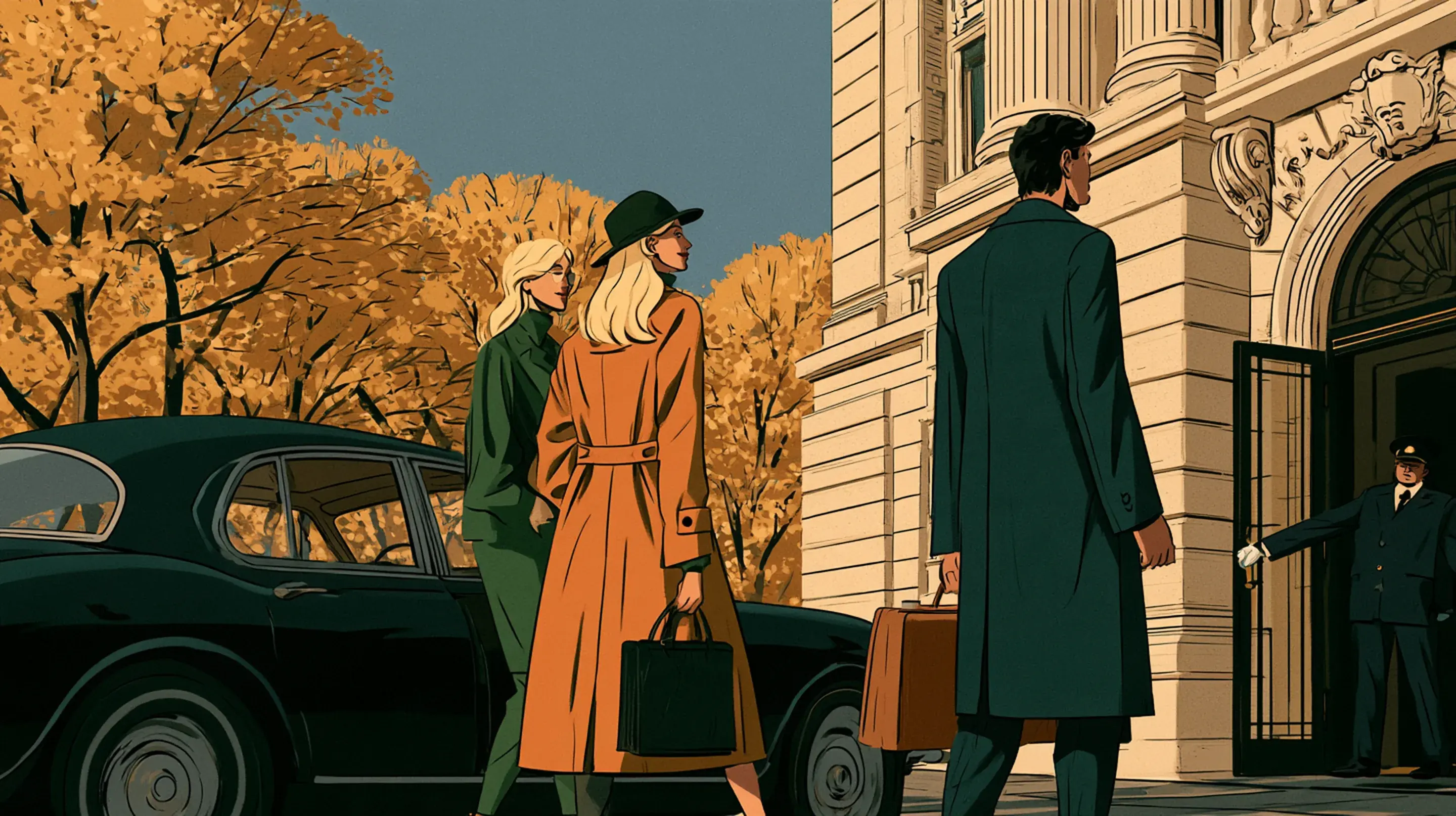 A couple arriving on Fifth Avenue in autumn