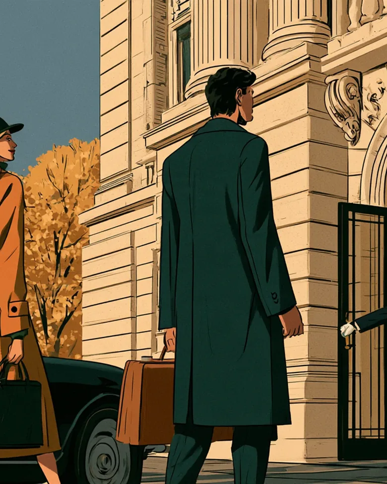 A couple arriving on Fifth Avenue in autumn