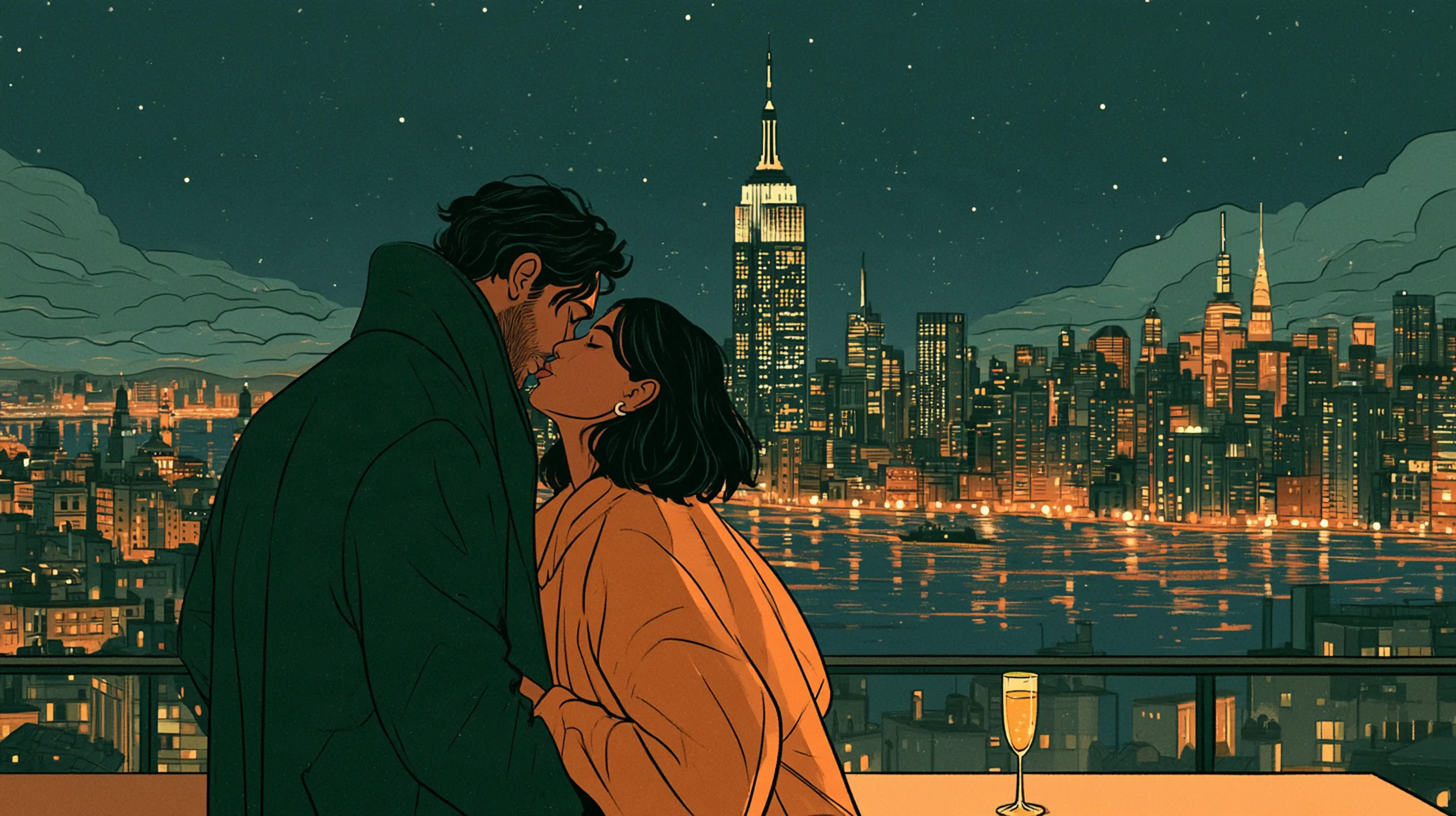 A couple on a Manhattan terrace at night