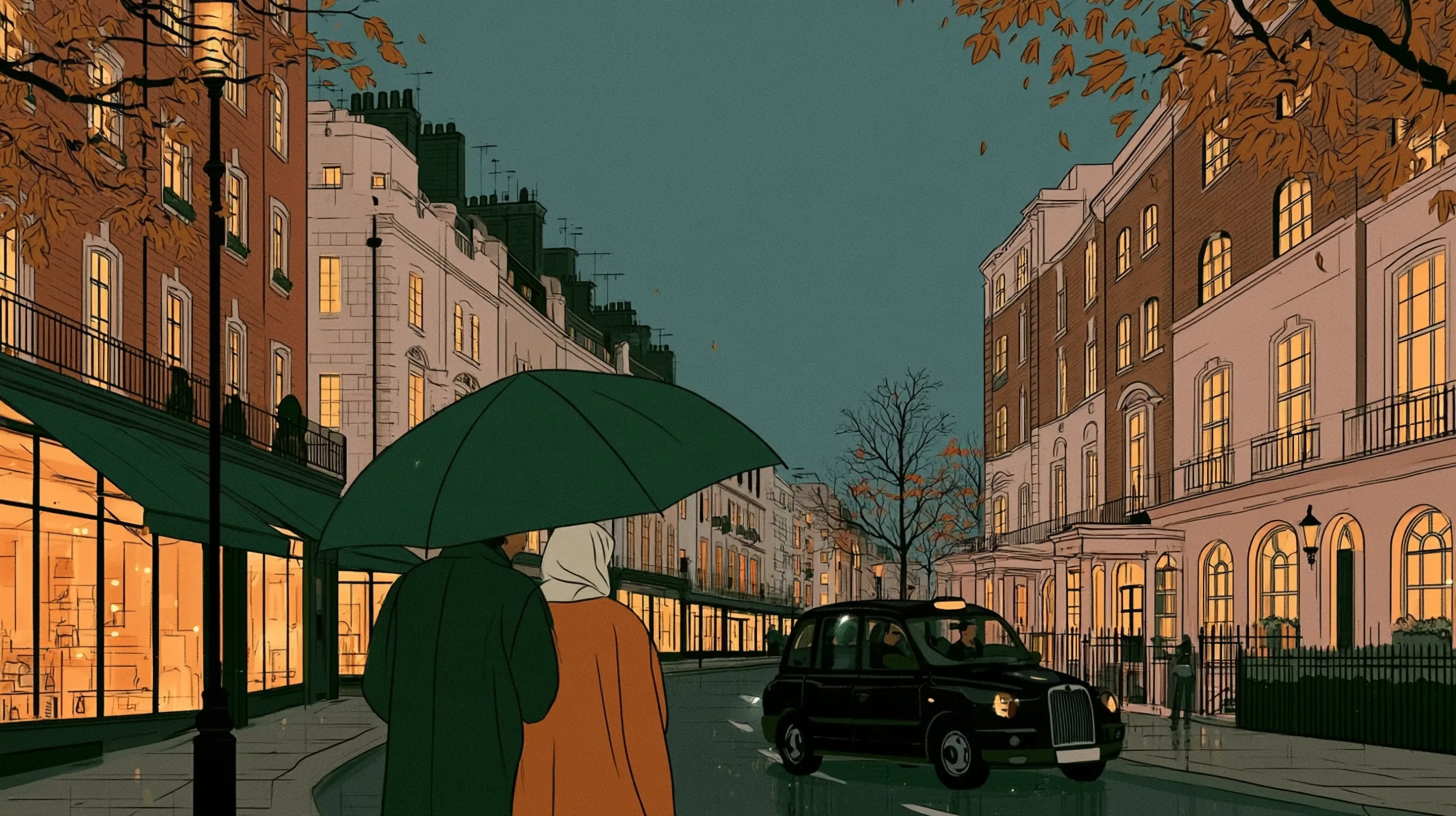 A couple walking down Marylebone High Street in the rain