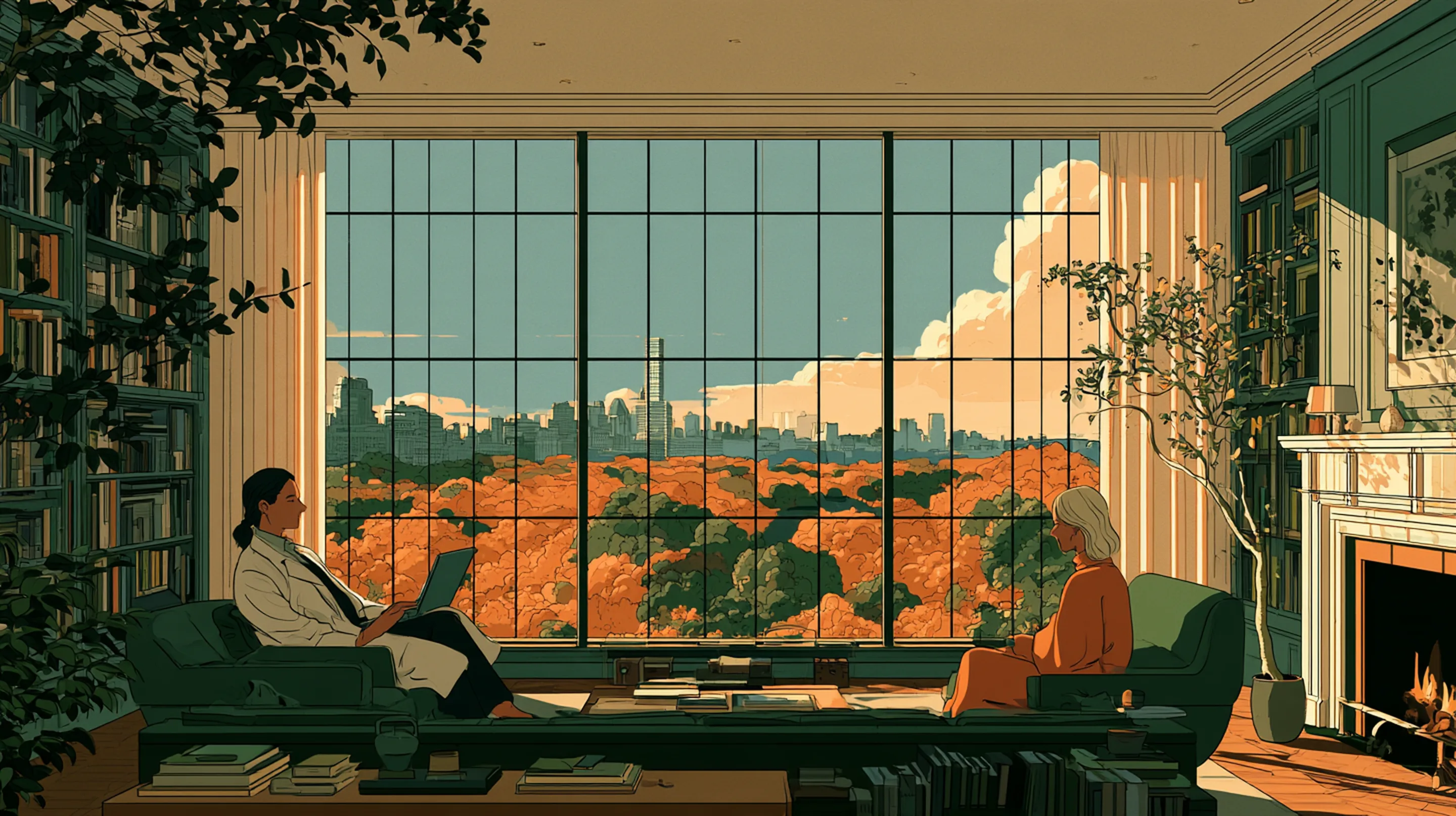 A doctor with a client in a library above Central Park
