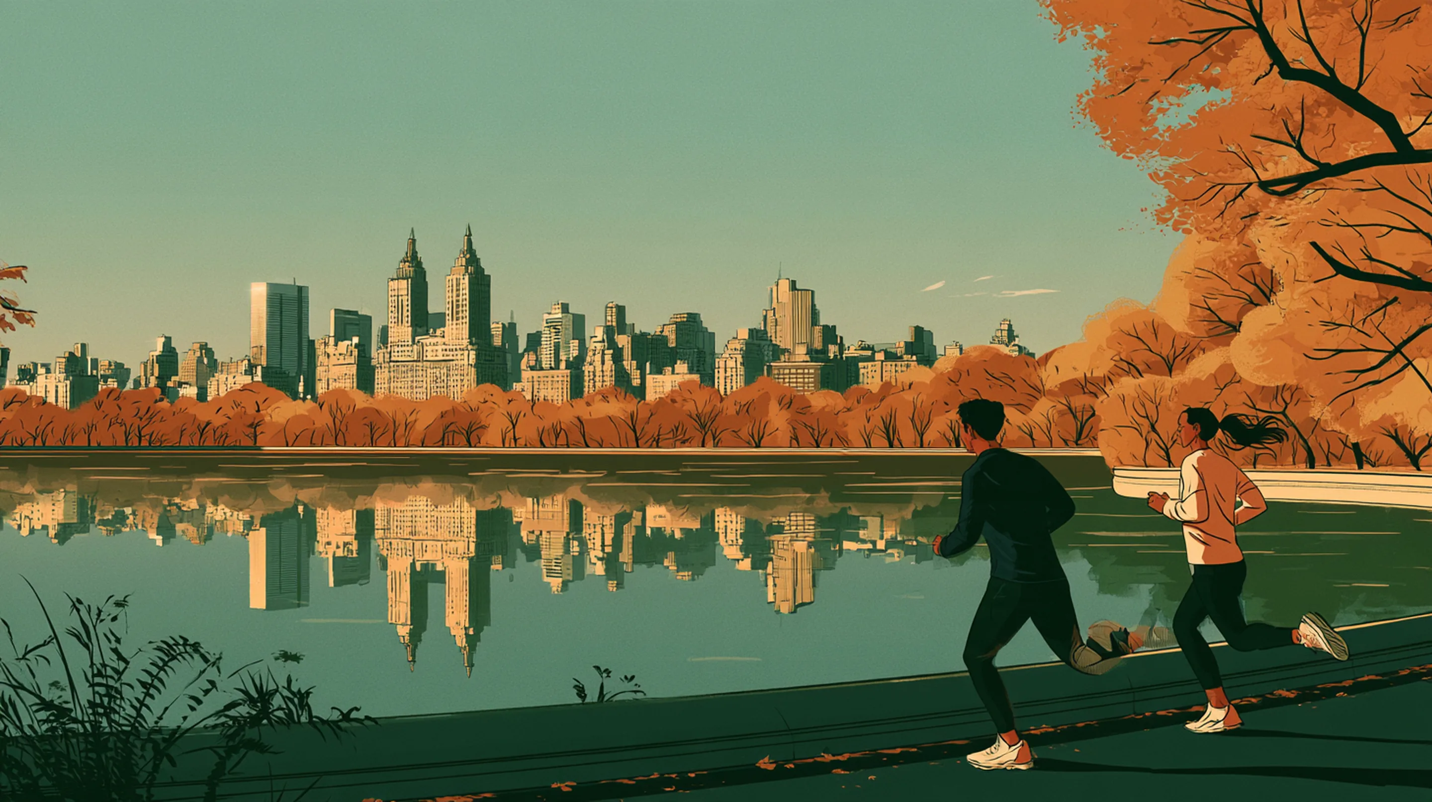Two people running around the Central Park reservoir